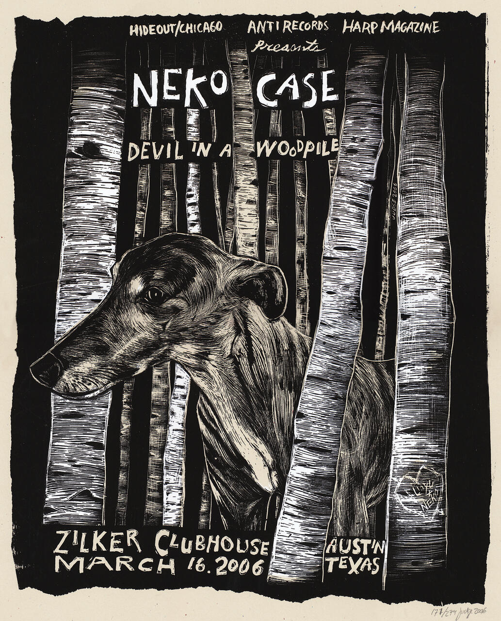 Concert poster for Neko Case with an illustration of a dog's head amongst birch trees. The text includes details of a performance at Zilker Clubhouse, Austin, Texas, on March 16, 2006. Black and white design with artistic text.
