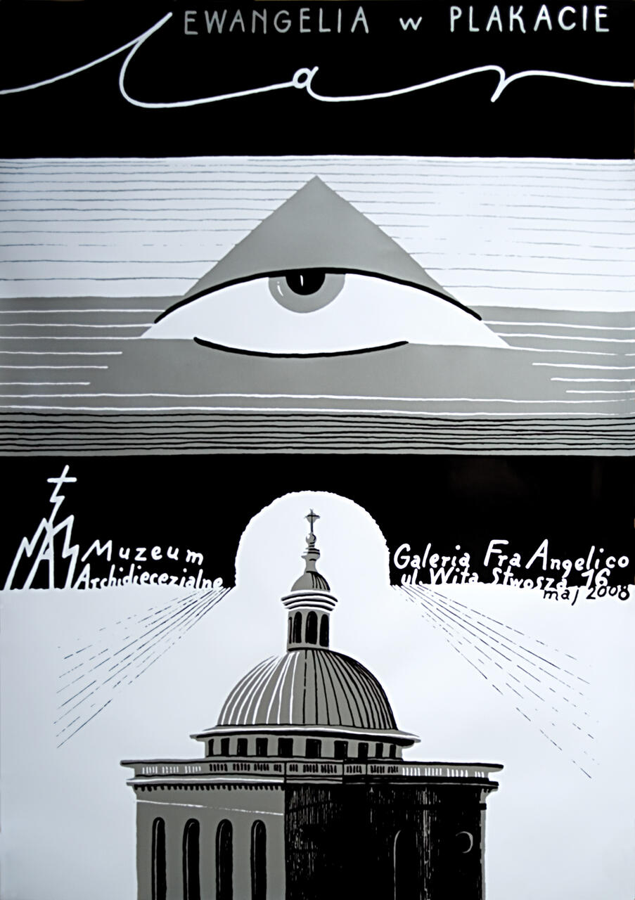 Stylized poster featuring an eye inside a triangle above a domed building. Lines extend from the eye to the building, suggesting a connection. Black and white design with text elements.
