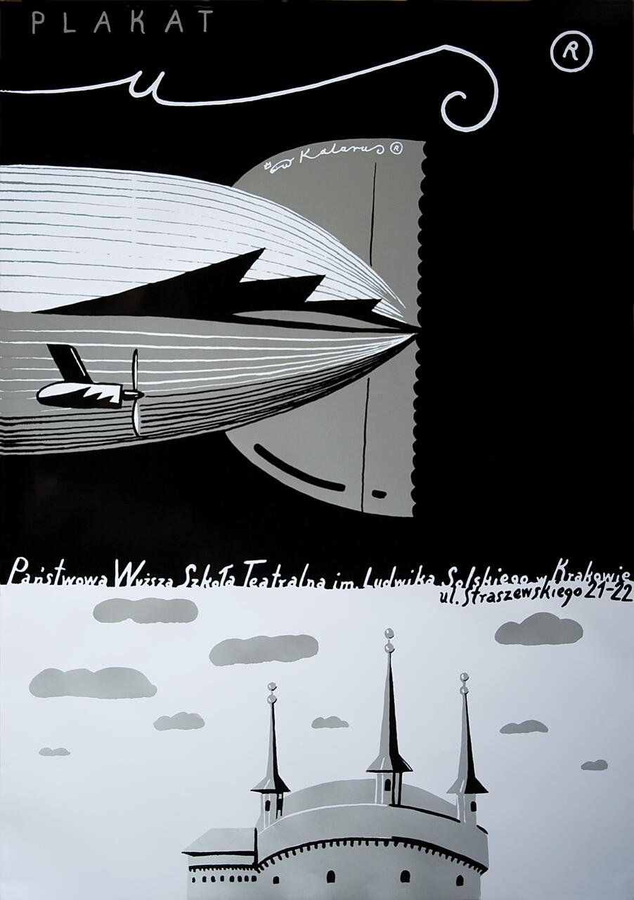 Stylized graphic of a zeppelin flying over a building with three spires under a cloudy sky, in shades of black, gray, and white.