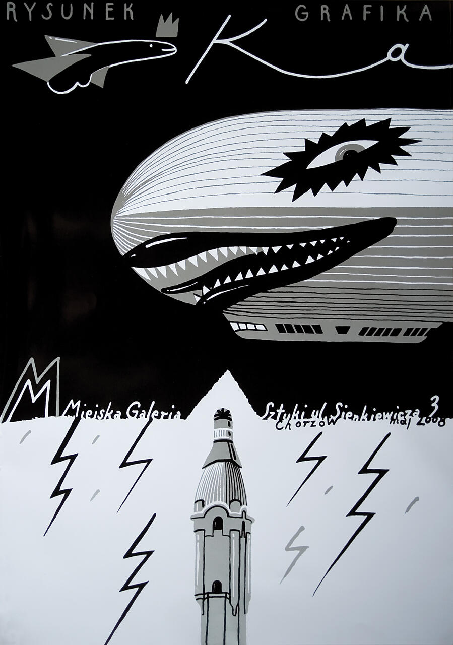 Stylized black and white graphic featuring a zeppelin with an eye and teeth, above a cityscape, with a dome building and lightning bolts.