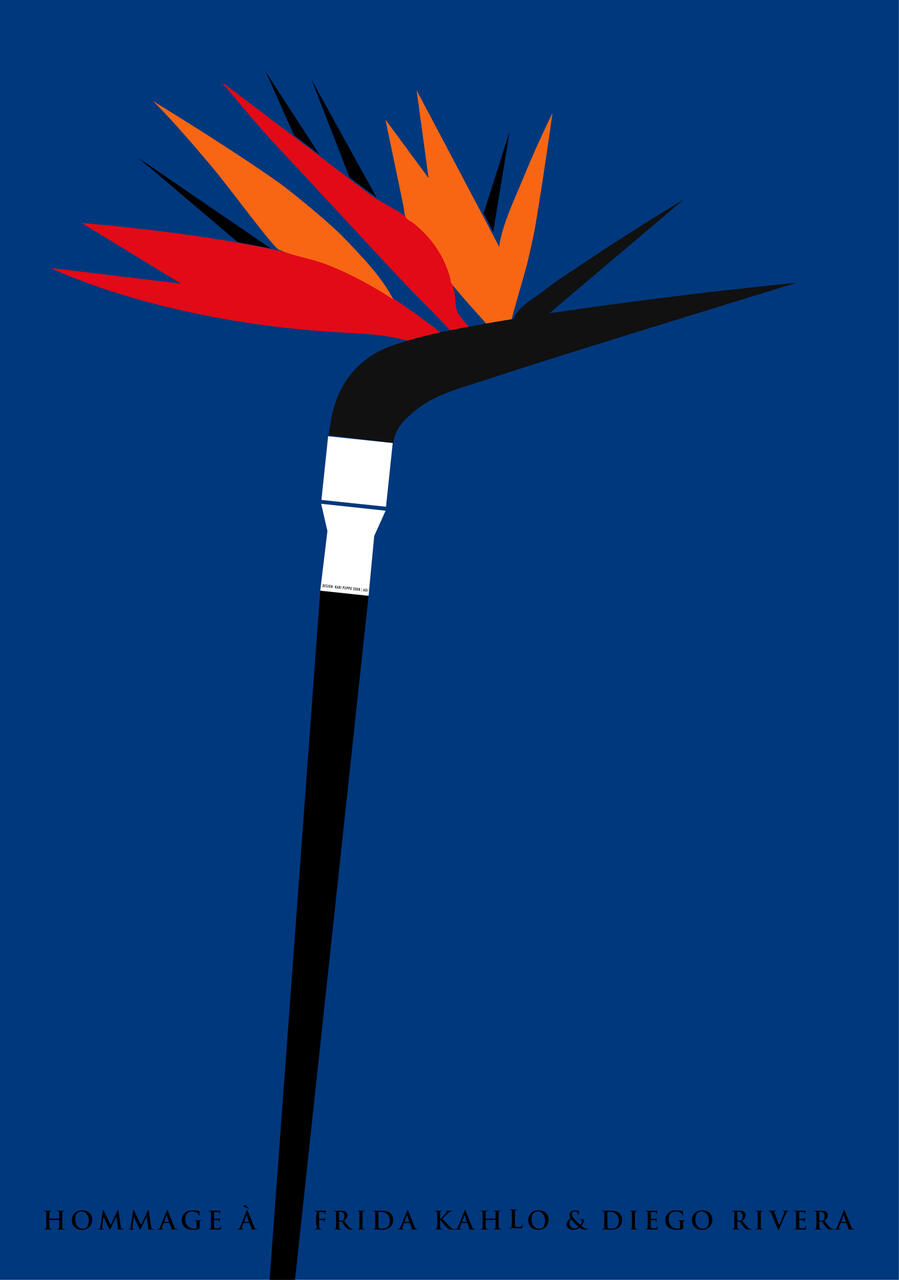 Stylized graphic of a bird of paradise flower with red, orange, and black angular petals against a deep blue background.