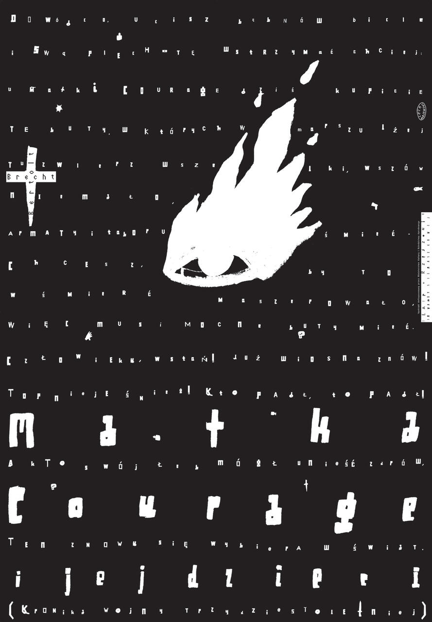 Black and white graphic with an eye engulfed in flames at the center, surrounded by scattered text in various sizes and orientations, creating a bold, abstract visual composition.