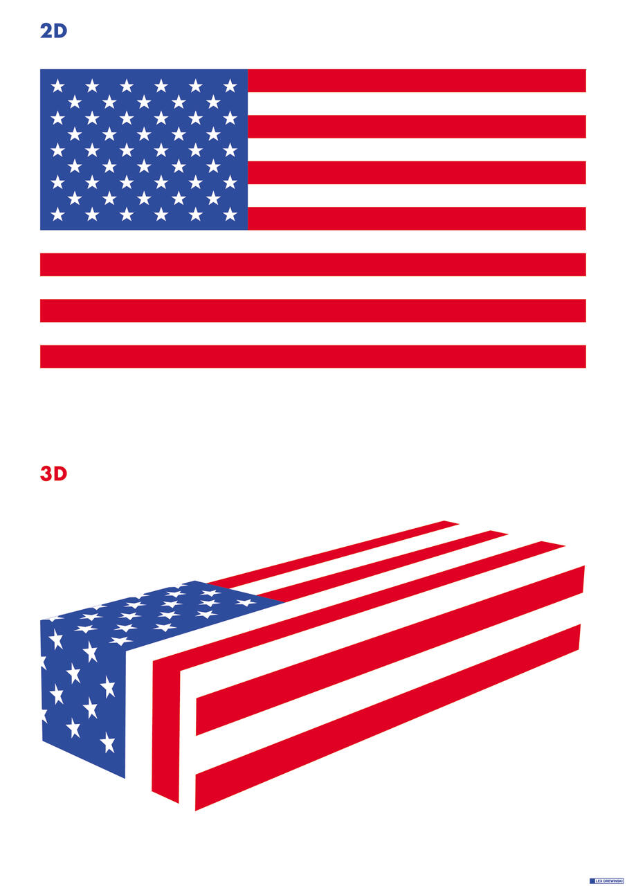 Two graphics of the U.S. flag: a flat 2D version with alternating red and white stripes and white stars on a blue field, and a 3D version resembling a rectangular prism with the same design wrapping around.