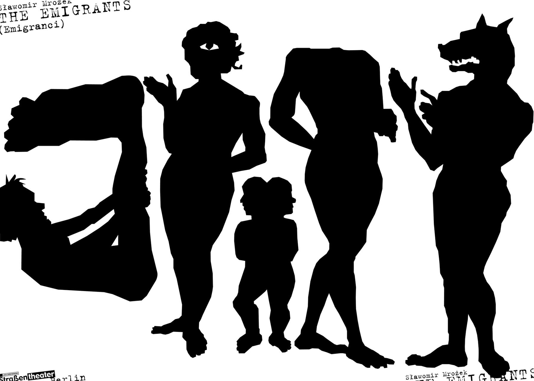 Silhouettes of five figures against a white background, each with distinct features: a seated person, a formal figure with an eye on the face, a headless figure, a child with two heads, and a person with a wolf head clapping.