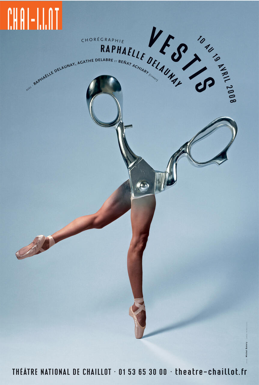 Ballet dancer wearing pointe shoes with upper body replaced by large silver scissors, set against a light blue background. Promotional poster for a performance at Théâtre National de Chaillot.