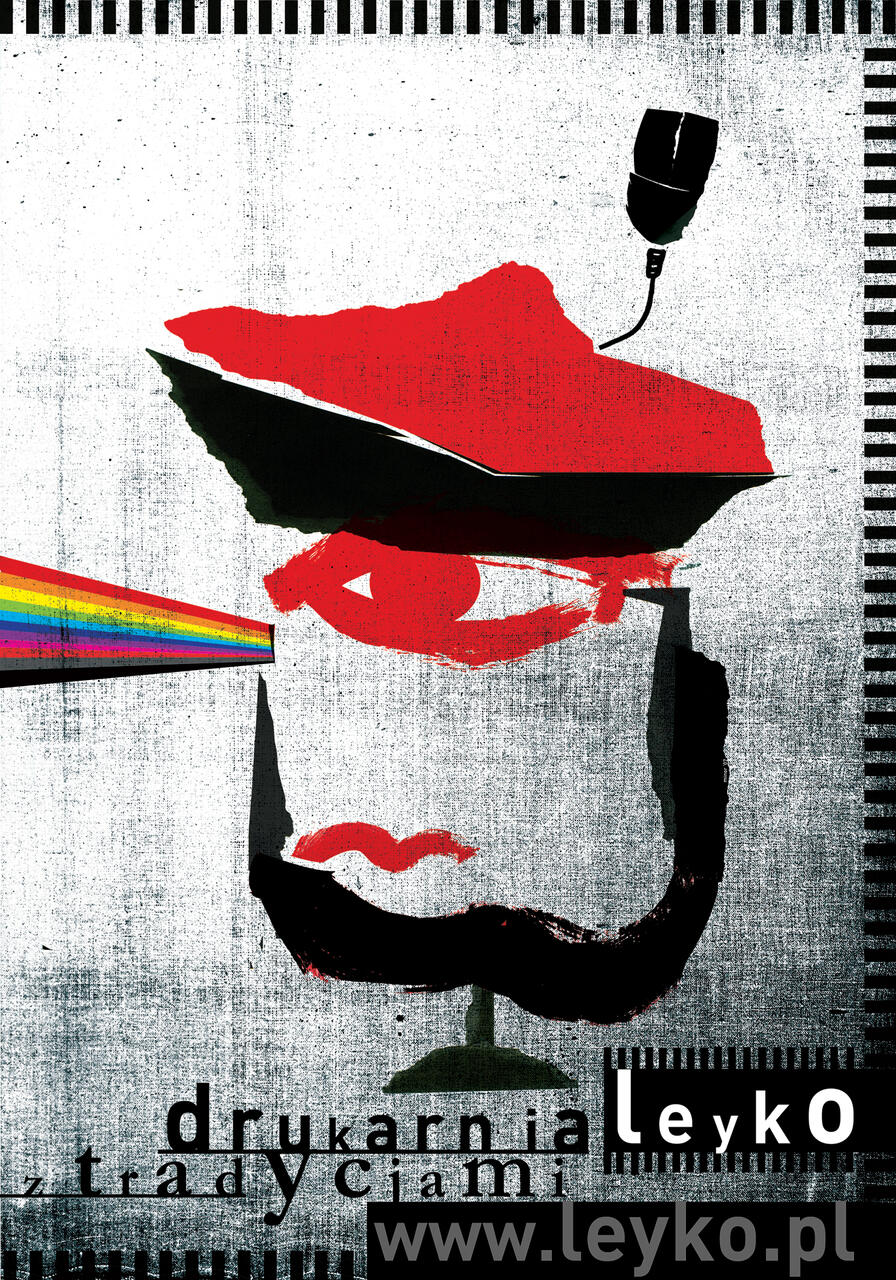Abstract graphic of a face with red and black shapes, a rainbow beam, and a microphone. The background is textured with black and white stripes.