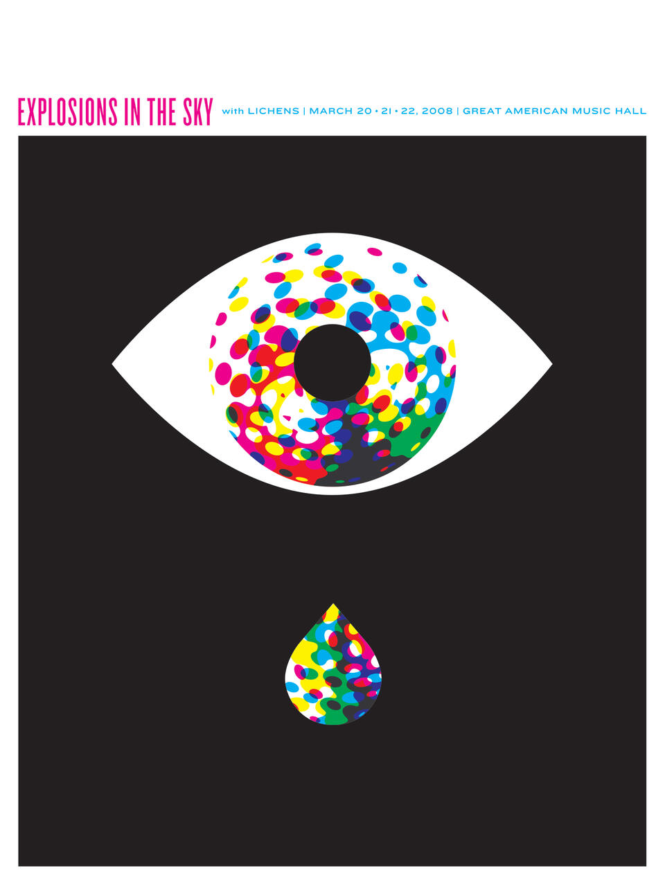 An abstract design featuring a colorful, dotted eye shape on a black background, with a similarly colored drop shape below it.