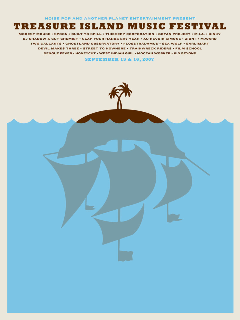Festival poster featuring a palm-tree island atop an upside-down ship silhouette against a light blue sky. Text includes festival name and band lineup, with dates in blue.
