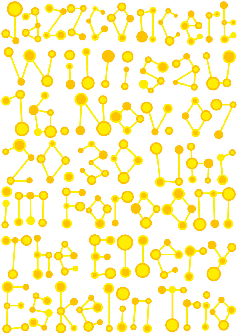Yellow molecular structures resembling letters, arranged in rows on a white background, creating a stylized and abstract visual pattern.