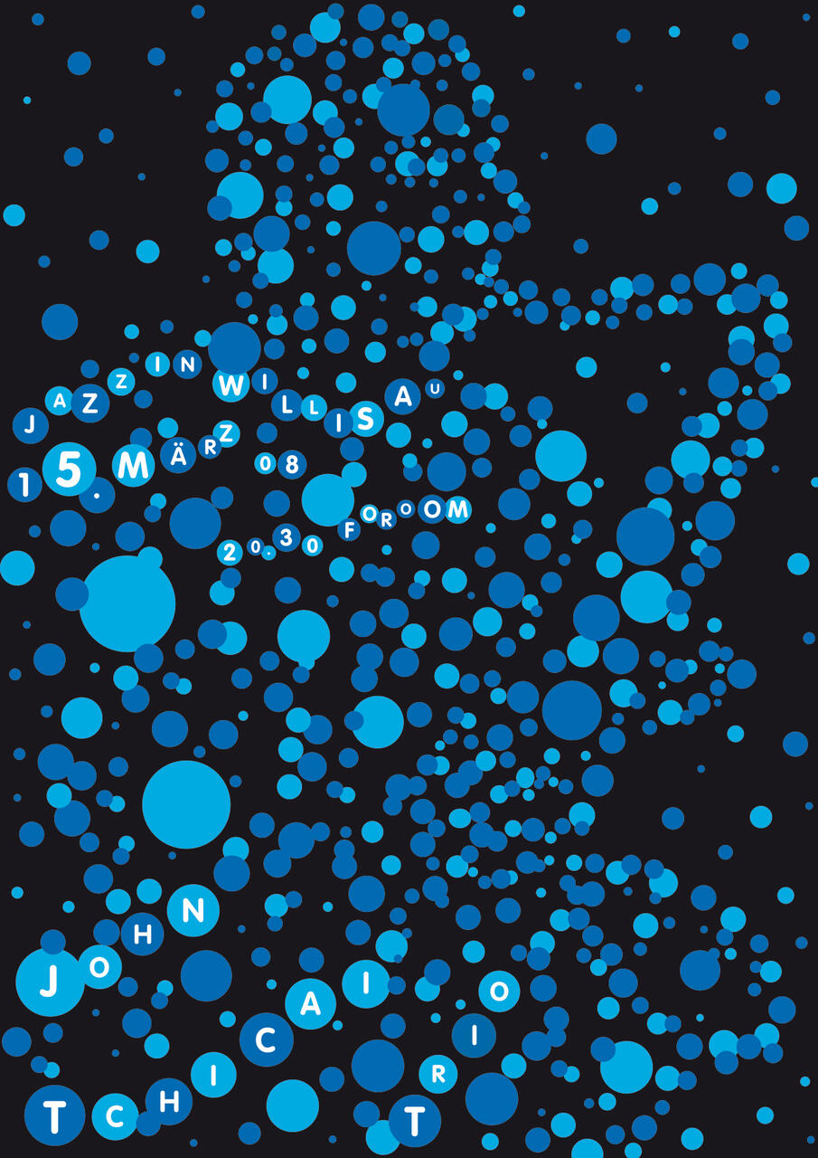 Silhouette of a saxophonist formed by variously sized blue dots on a black background.
