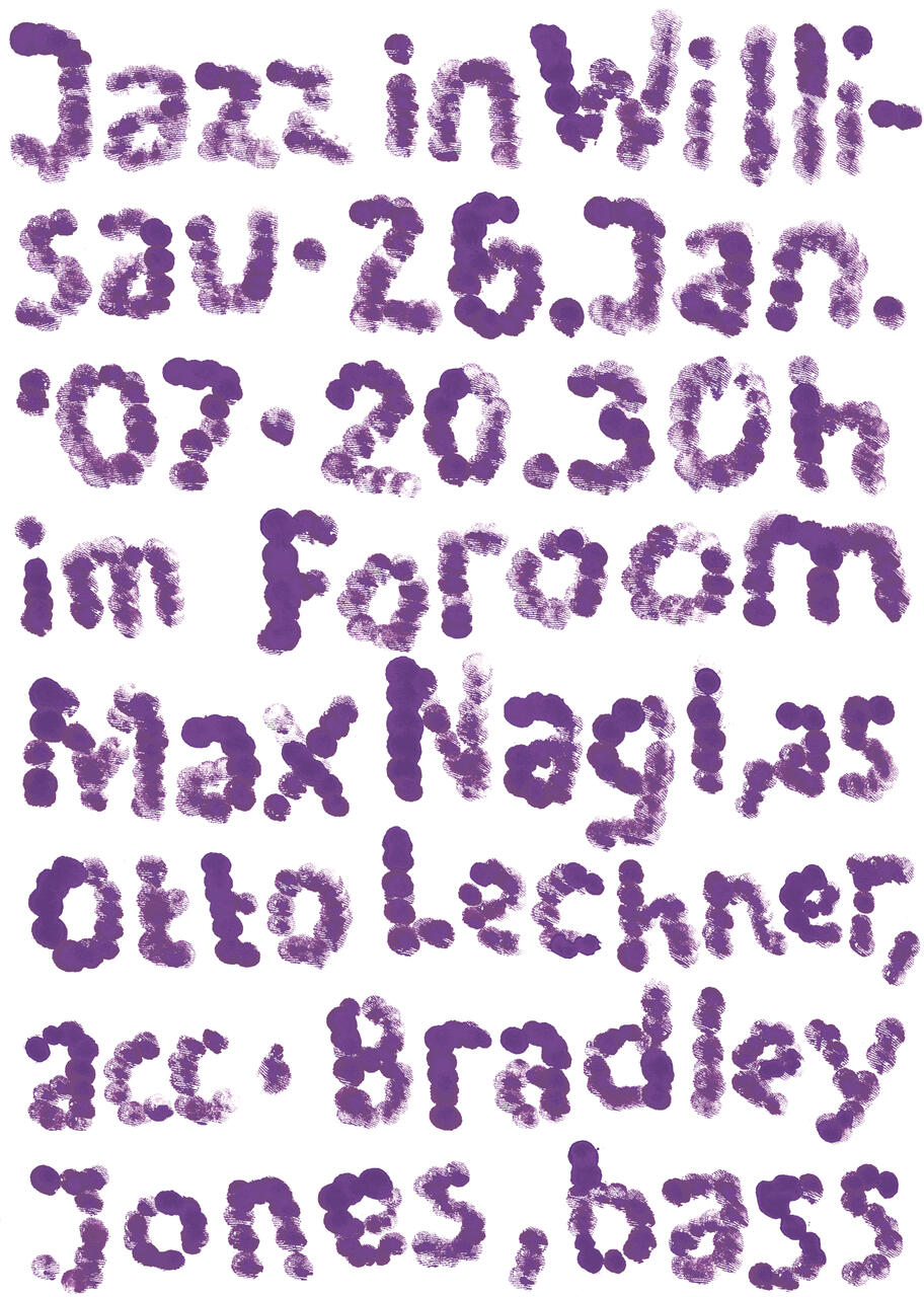 Text written with purple fingerprint-style letters on a white background.