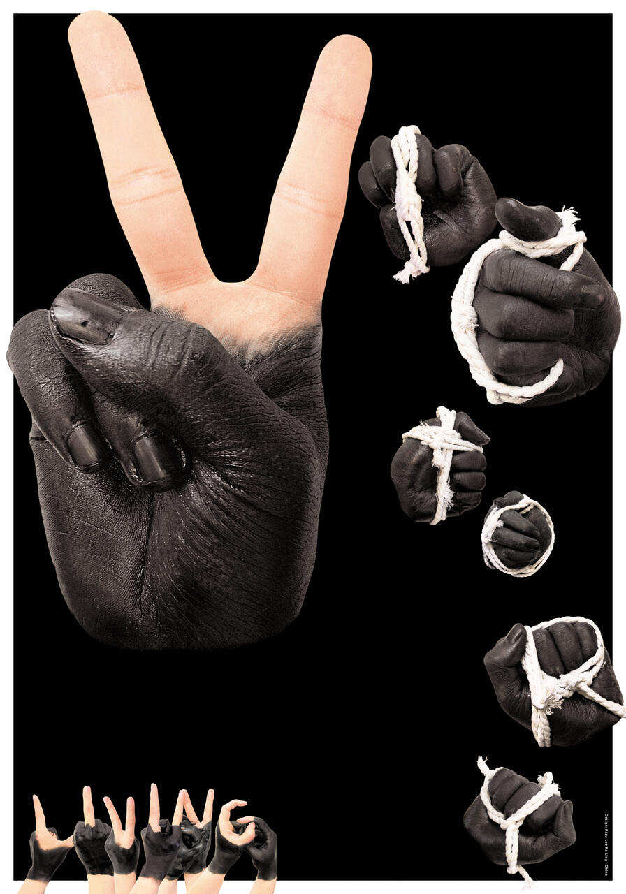 A partial hand with fingers unpainted forms a peace sign, surrounded by other hands painted black and wrapped with white rope against a black background.