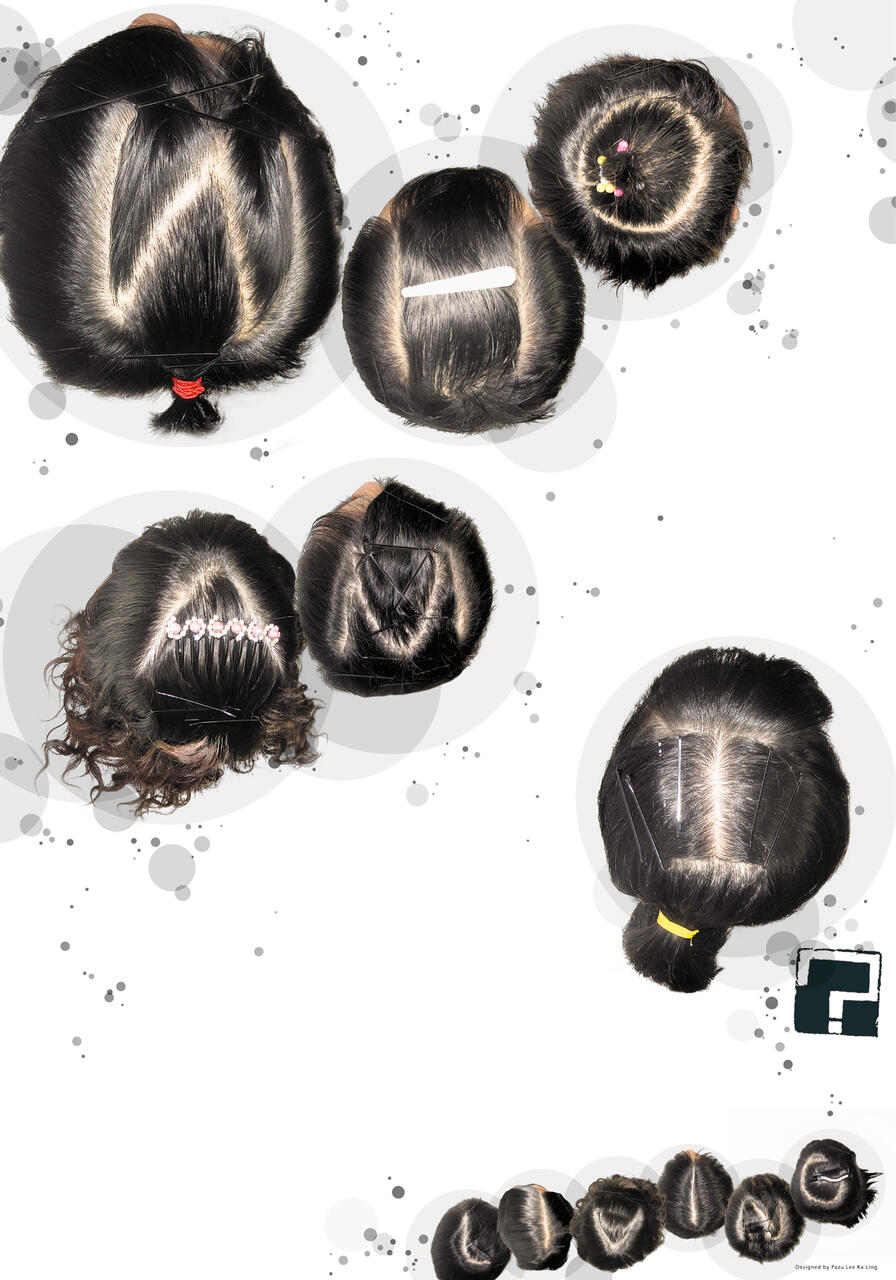Various hairstyles viewed from above, featuring intricate patterns and accessories on dark hair against a white background with gray circular designs.