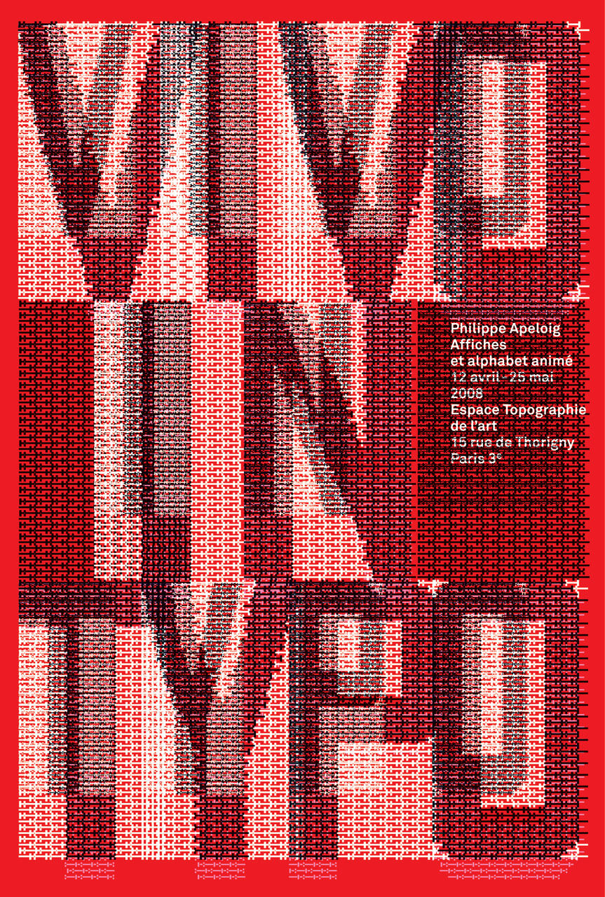 Bold red and black text art poster with large overlapping words forming "VIVO IN TYPO" using small letter patterns, and event details in a smaller text block on the right side.