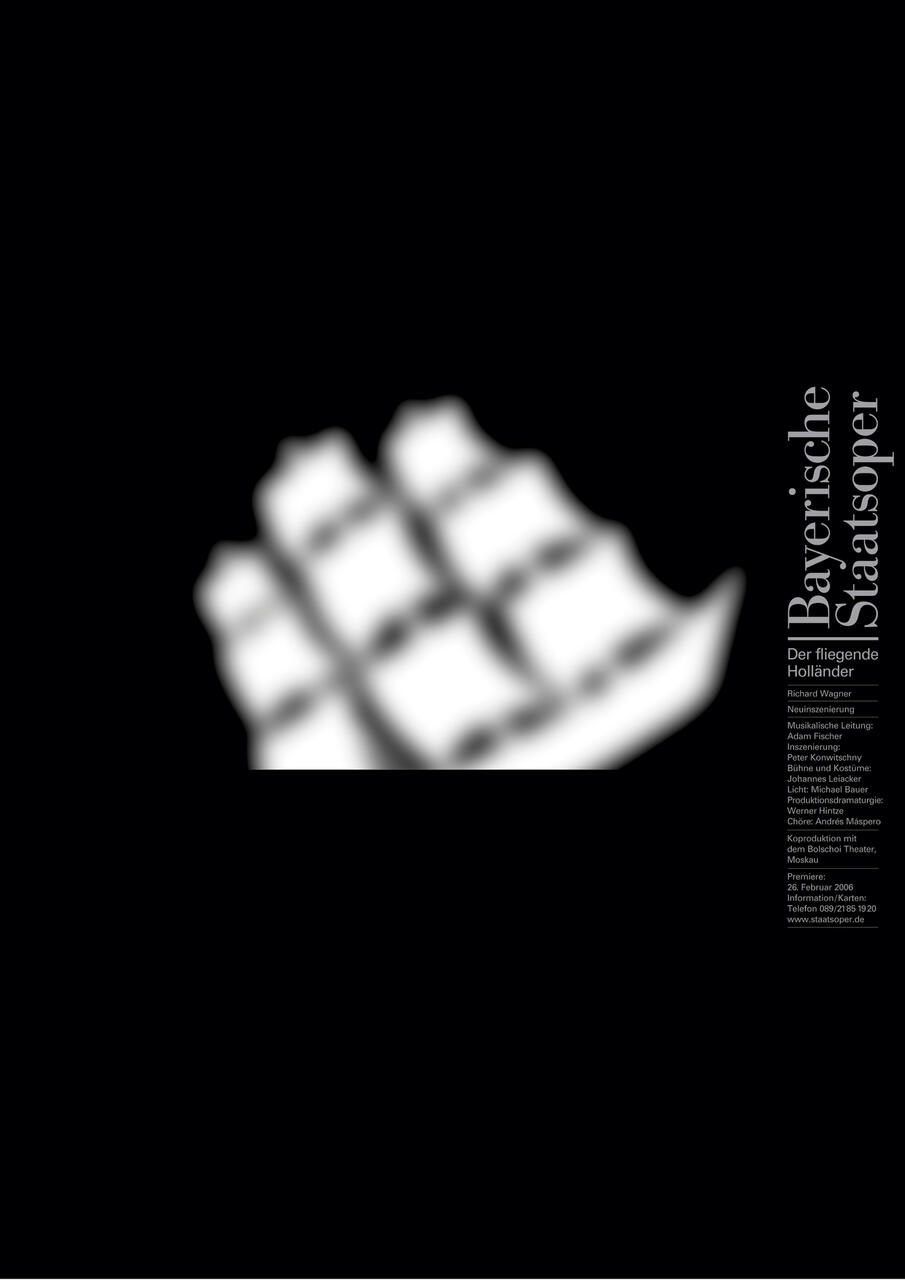 Blurred white ship sails on a black background with vertical text on the right, mentioning "Bayerische Staatsoper" and "Der fliegende Holländer."