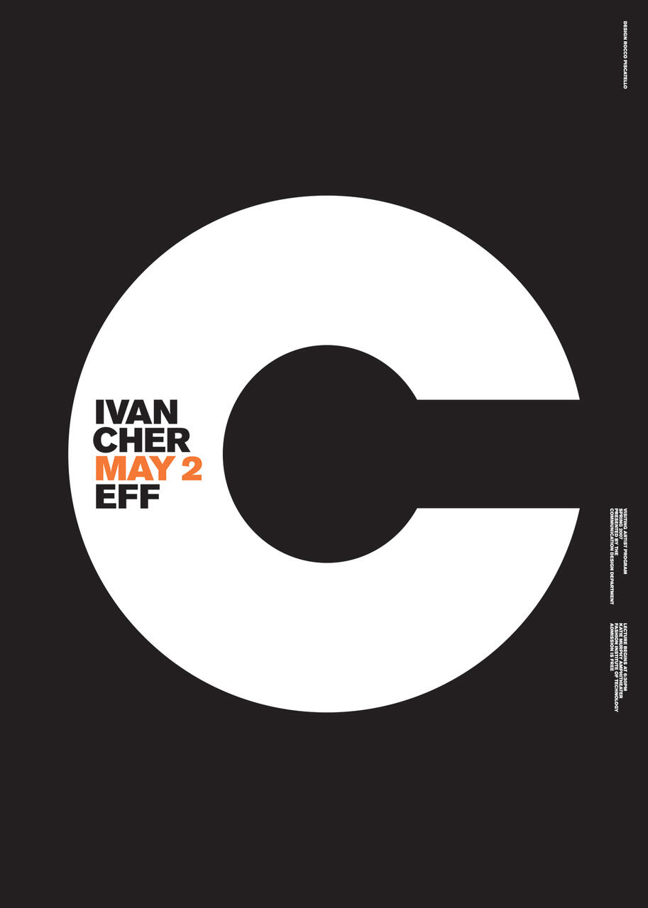 Large white letter "C" against a black background, with text in the open space: "IVAN CHER MAY 2 EFF" in black and orange.