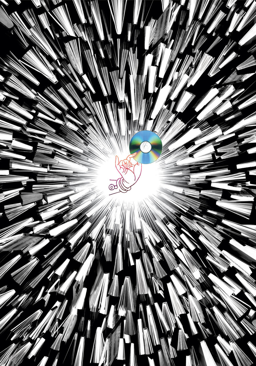 Hand holding a CD in a black and white burst of comic-style sound effect, suggesting music or technology convergence.