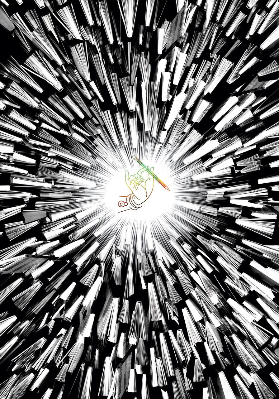 A stylized hand holding a pencil radiates from the center, surrounded by an explosion of black and white lines, creating a dynamic, graphic effect.