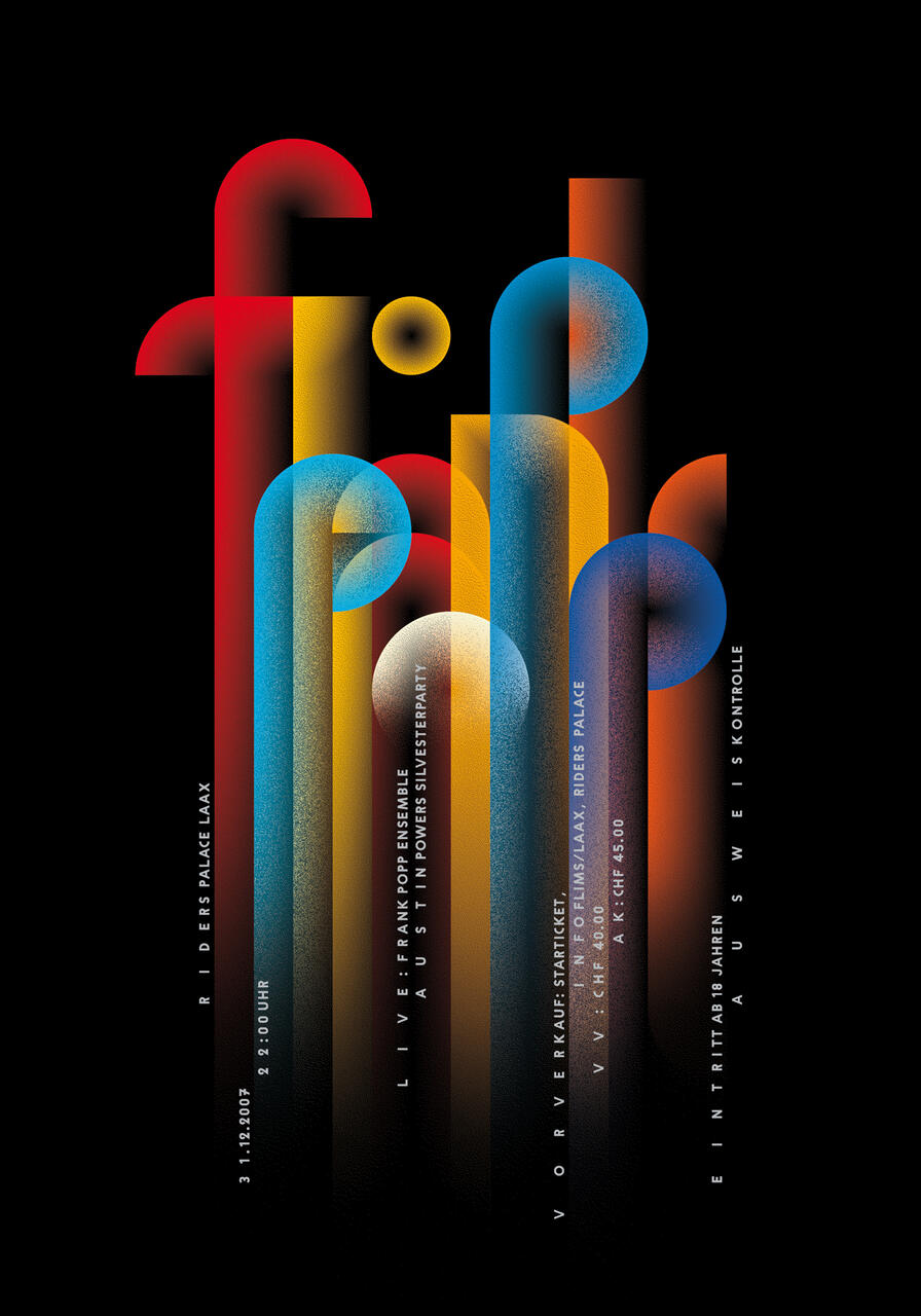 Colorful abstract poster featuring tall, gradient arches in red, yellow, blue, and orange on a black background. Various text is integrated vertically alongside the arches.