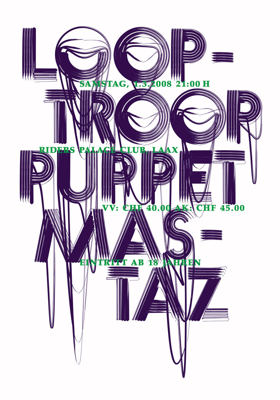 Bold, purple, layered text with a dripping effect reads "Loop Troop Puppet Mastaz" with green details, conveying a music event.