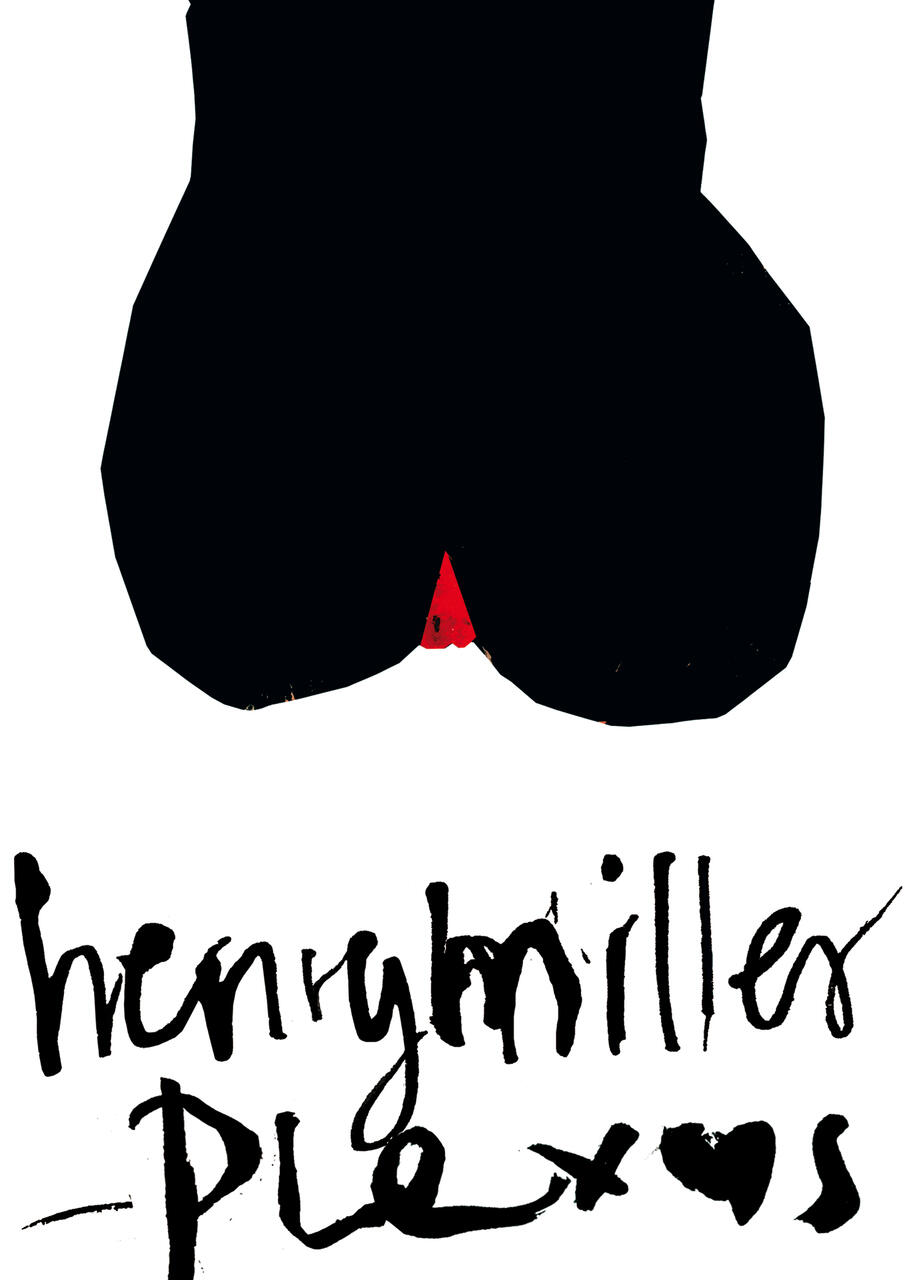 Abstract black shape with a small red triangle at the bottom, above black handwritten text on a white background.