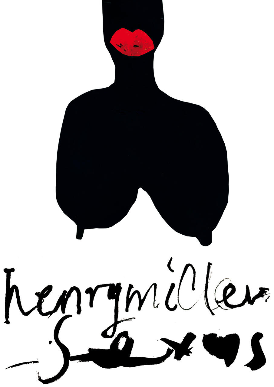 Abstract graphic of a black silhouette with red lips, resembling a minimalist upper body. Black text with artistic strokes appears below the silhouette.