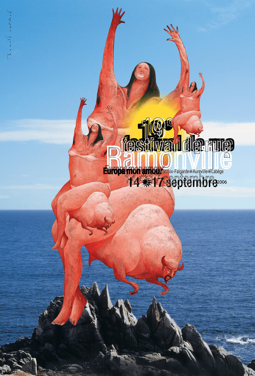 Surreal artwork featuring pink, abstract figures with joyful expressions, stacked on jagged coastal rocks against a backdrop of a blue ocean and sky.