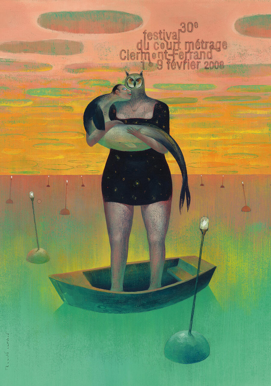 Surreal artwork of a figure with an owl head, wearing a black dress, standing in a small boat on a turquoise water surface. The figure cradles a large bird. The sky is orange-yellow with green clouds.