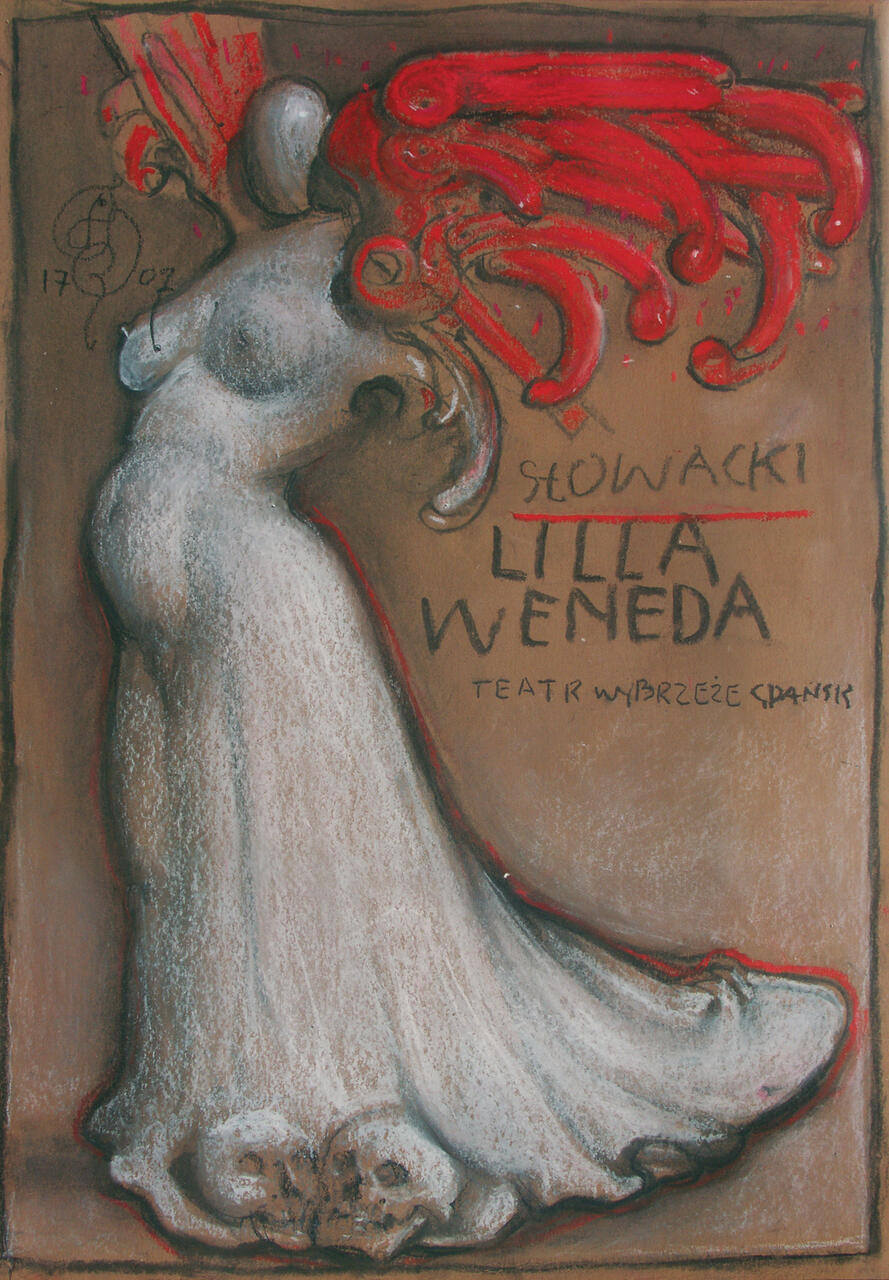 A stylized figure with a flowing dress and bright red hair against a brown background, blending with text written in Polish.