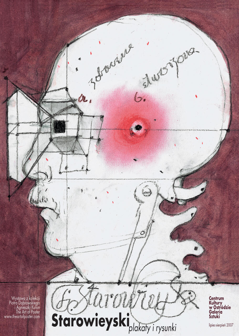 Surreal drawing of a human profile with architectural elements and a red spot on the head. The background is a maroon tone. Handwritten text overlays part of the image.