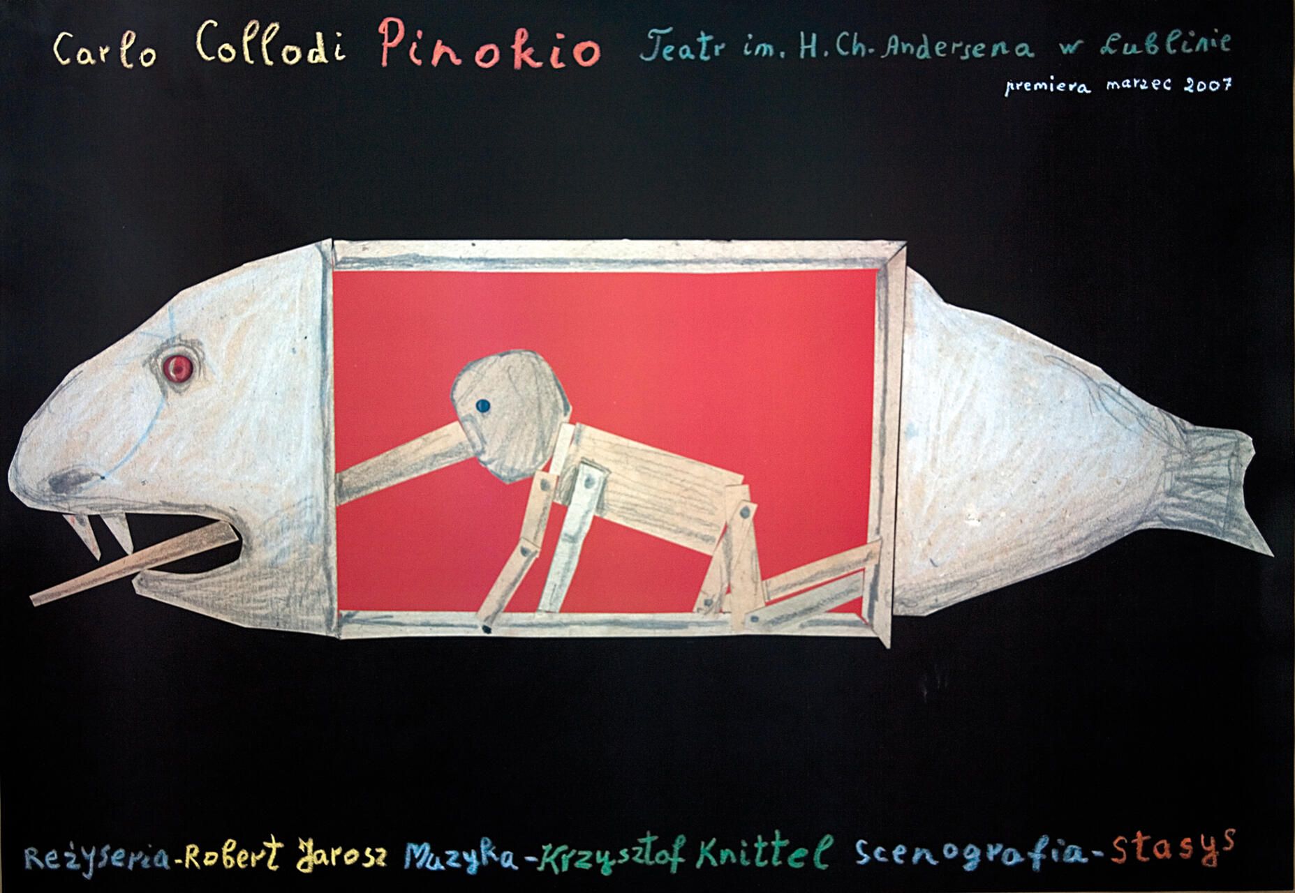 A graphic depicting a wooden puppet resembling Pinocchio inside a large fish against a red background, surrounded by black. The puppet's body is articulated and positioned as if crawling.