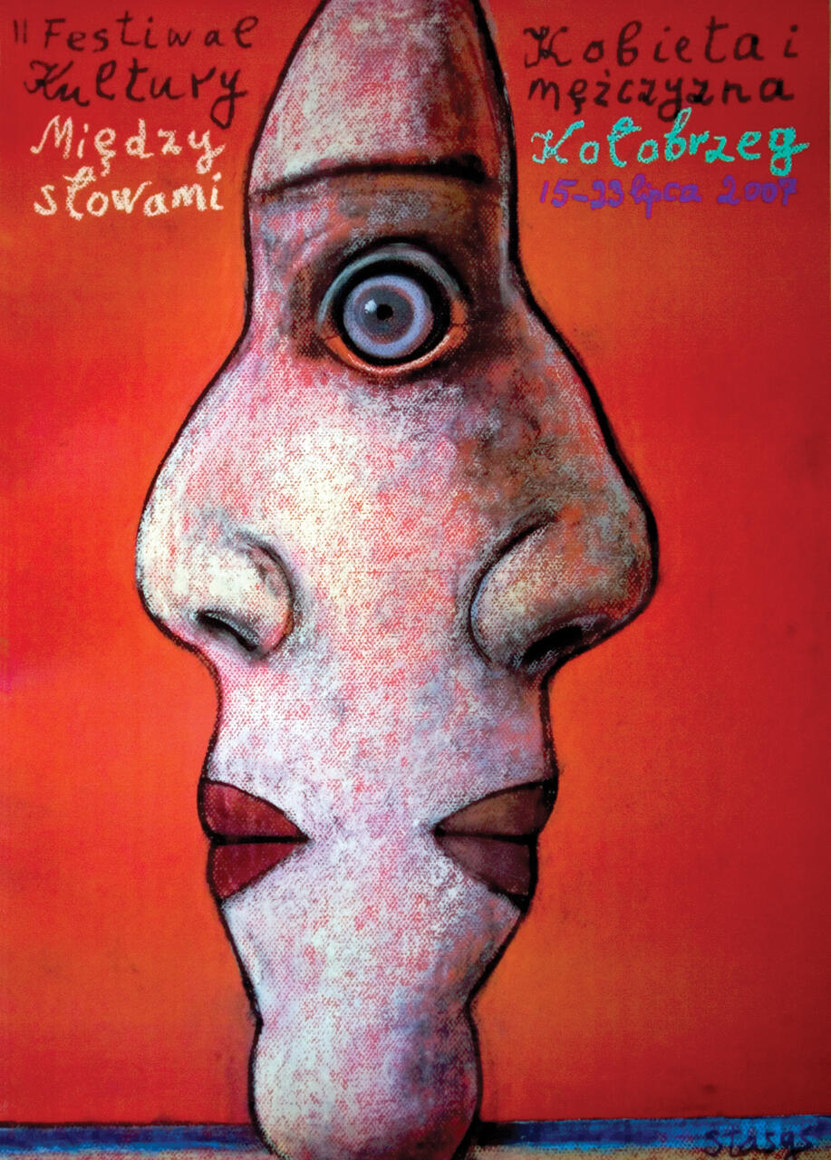 Abstract graphic of a face with exaggerated features, large eye, and pronounced nose on an orange background.