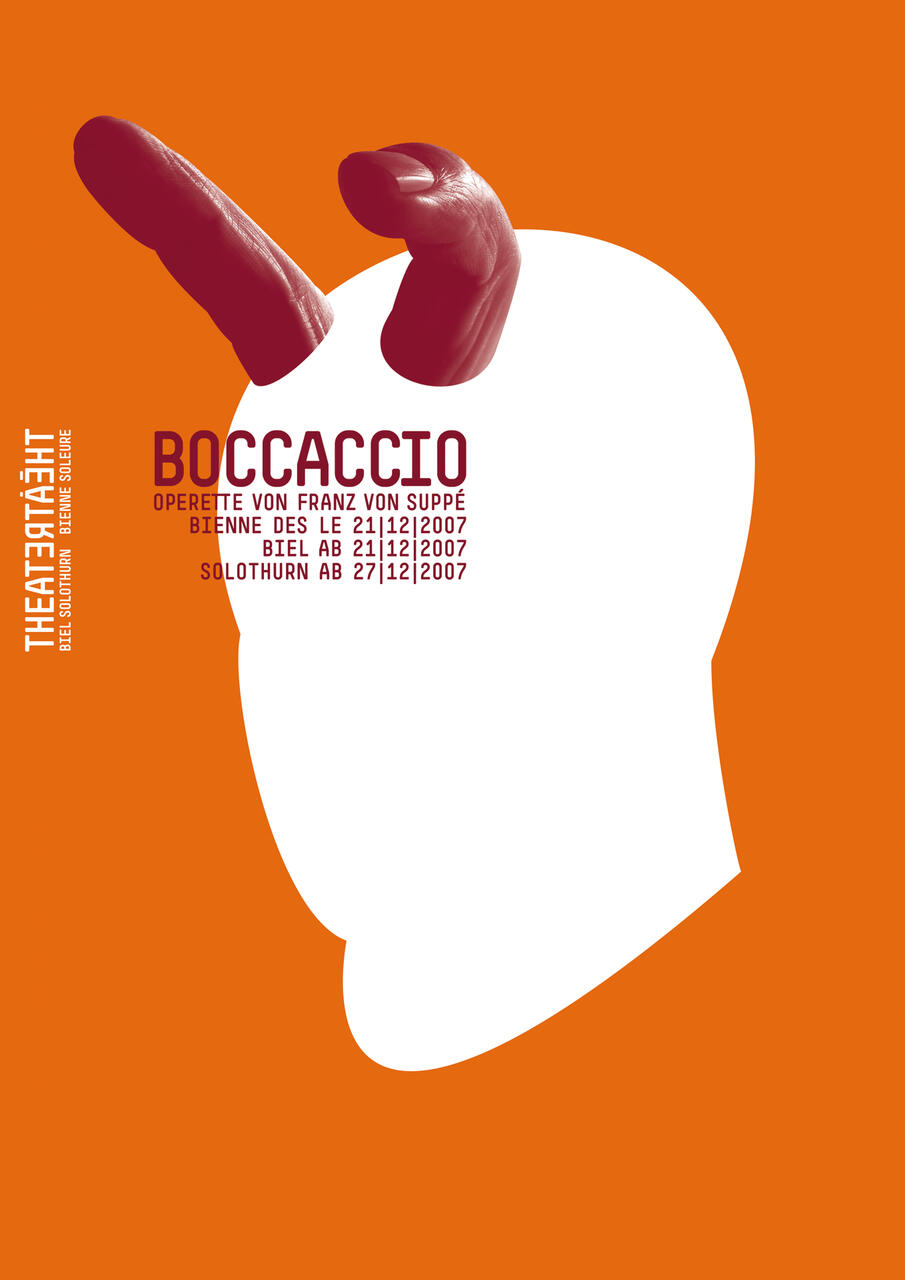 Abstract poster with a white silhouette of a head on an orange background, featuring red 3D-rendered plastic horns.