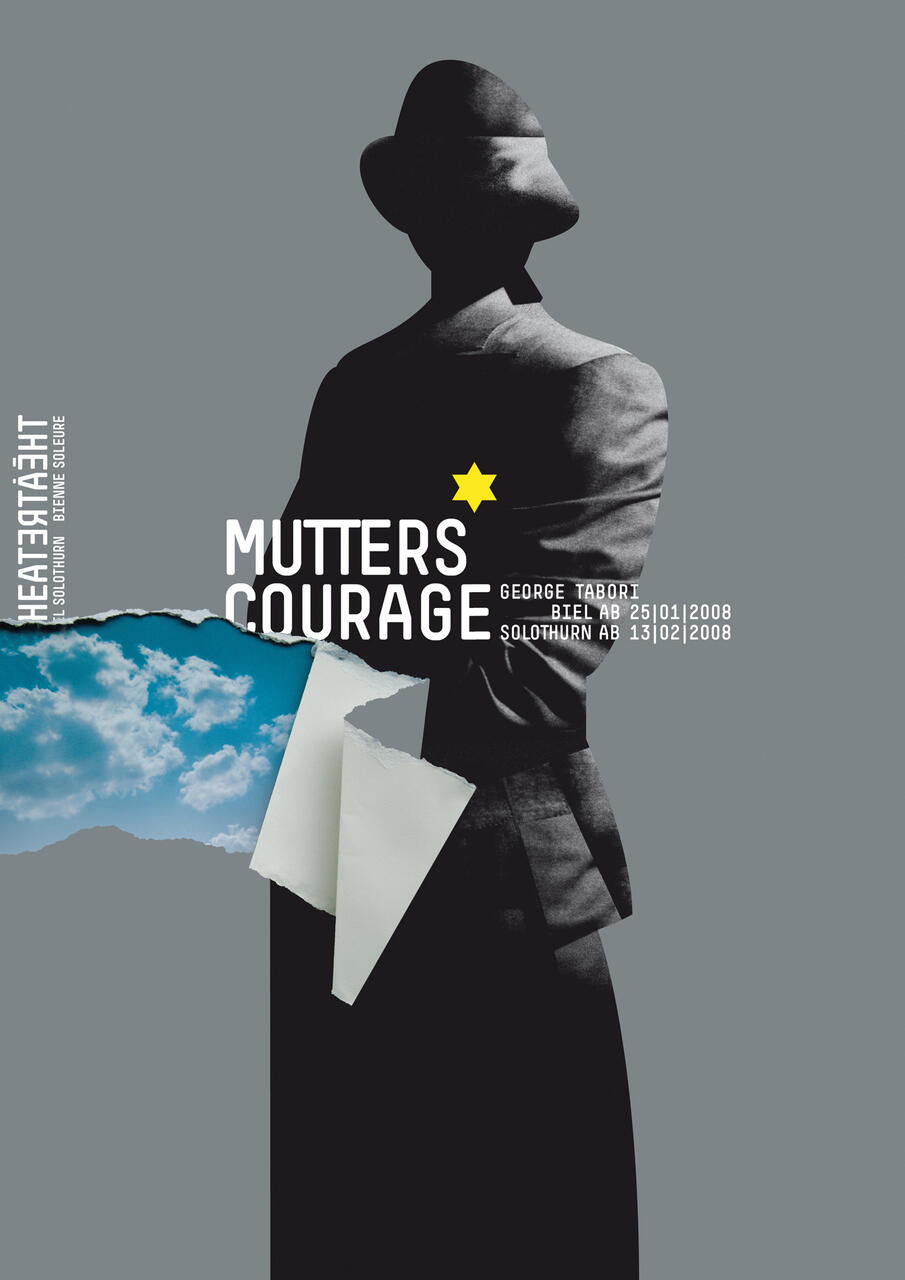 Silhouette of a person wearing a hat and coat against a gray background, featuring a yellow star on the chest. A ripped paper effect reveals a blue sky with clouds, creating a contrast. Text elements are present nearby.