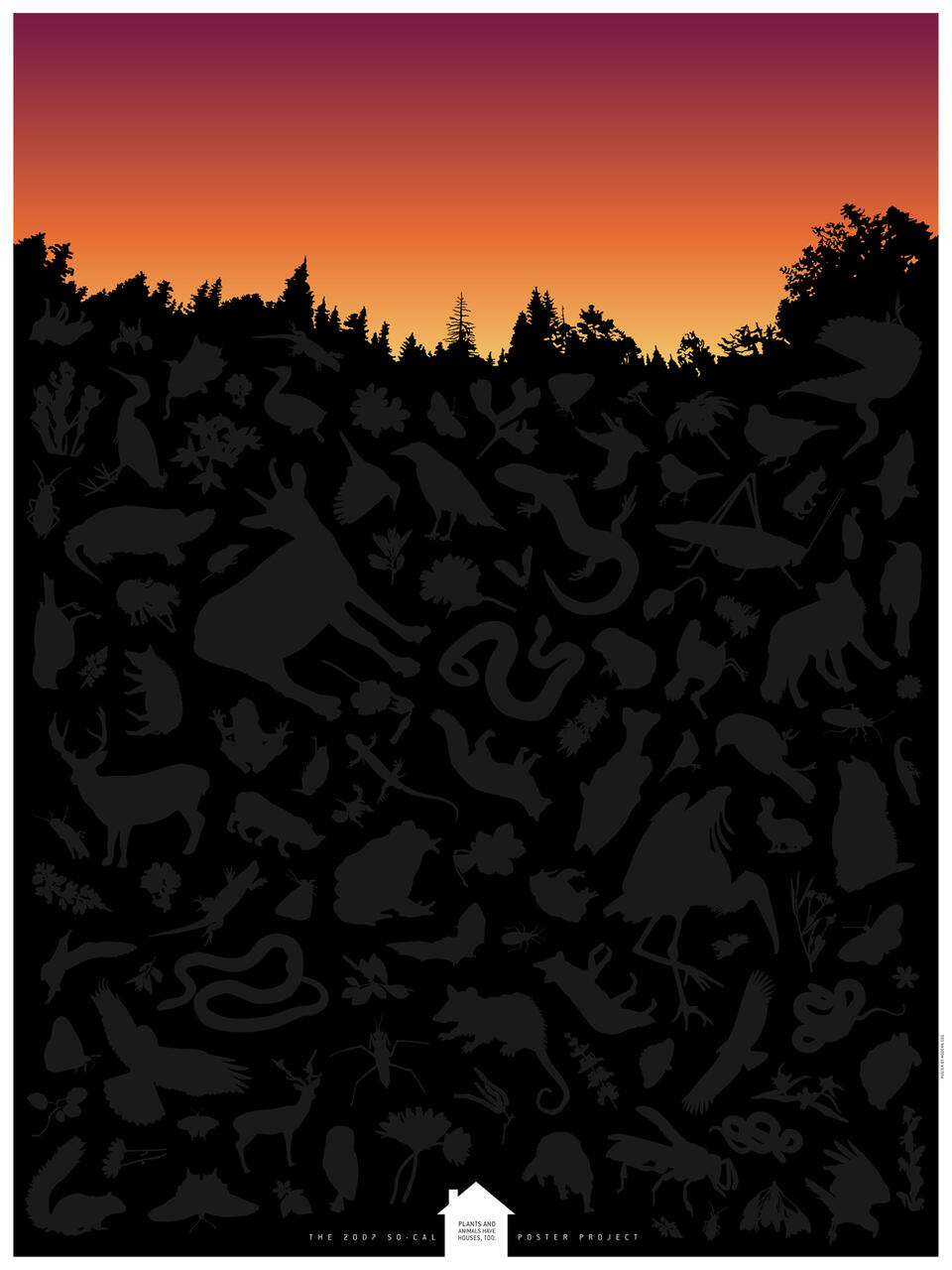 Silhouettes of various animals and plants are set against a vibrant sunset backdrop, with a forested horizon of trees at the top. The silhouettes include diverse wildlife such as birds, mammals, and insects, creating a striking contrast with the warm colors of the sky.