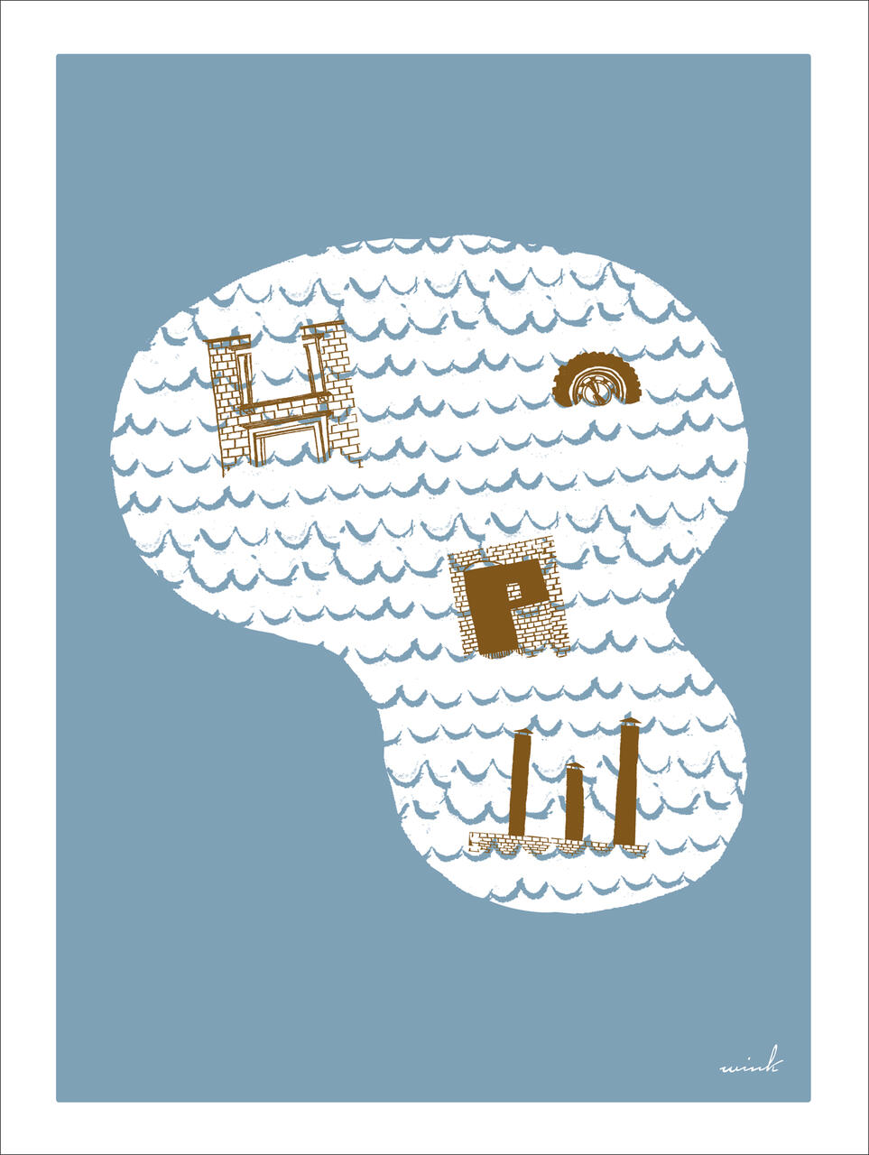 Stylized graphic of letters "HARU," with architectural elements, on a wave pattern background.