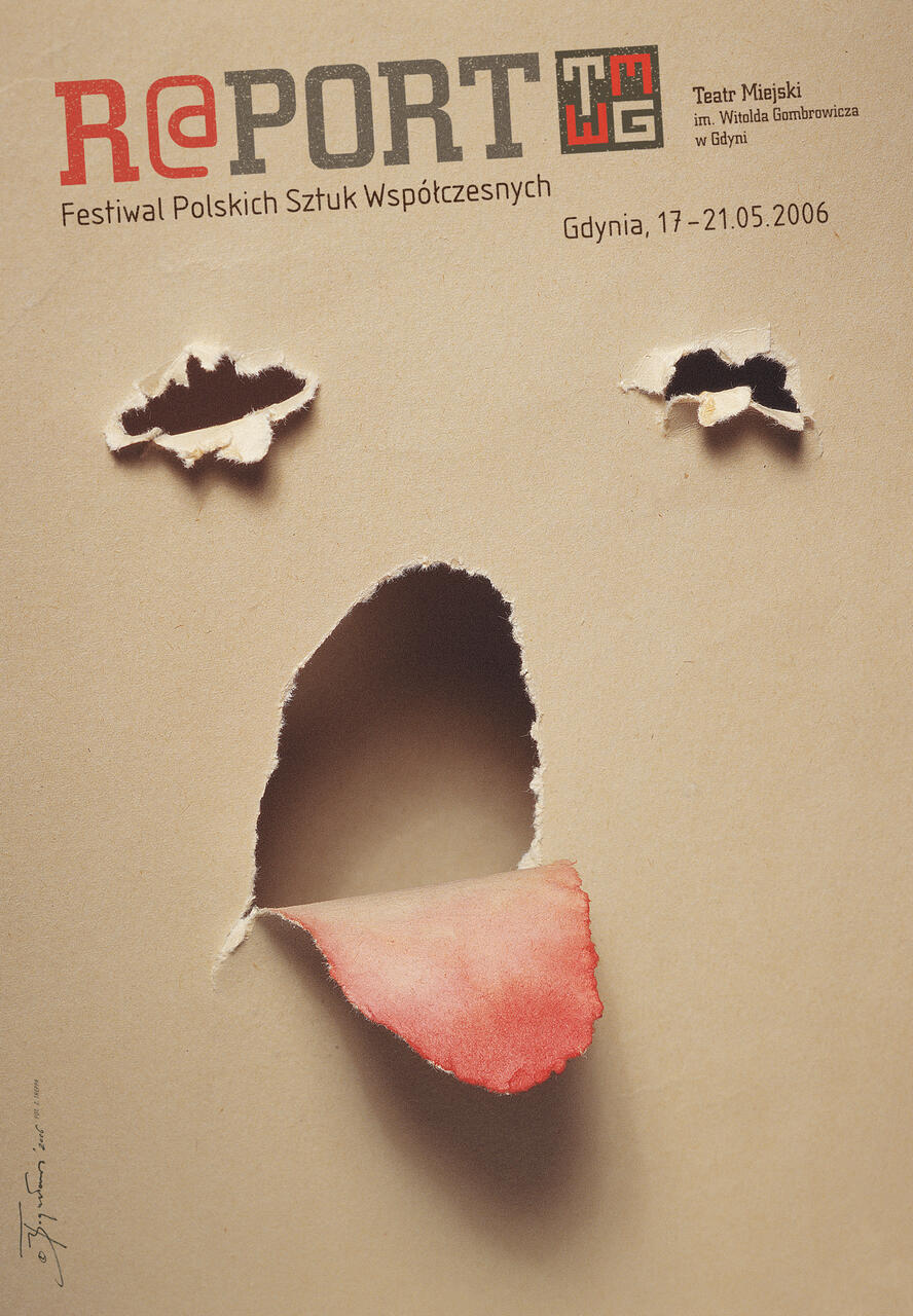 Torn paper with holes resembling eyes and an open mouth, with a red petal-like shape sticking out, resembling a tongue. Background is a light beige color.