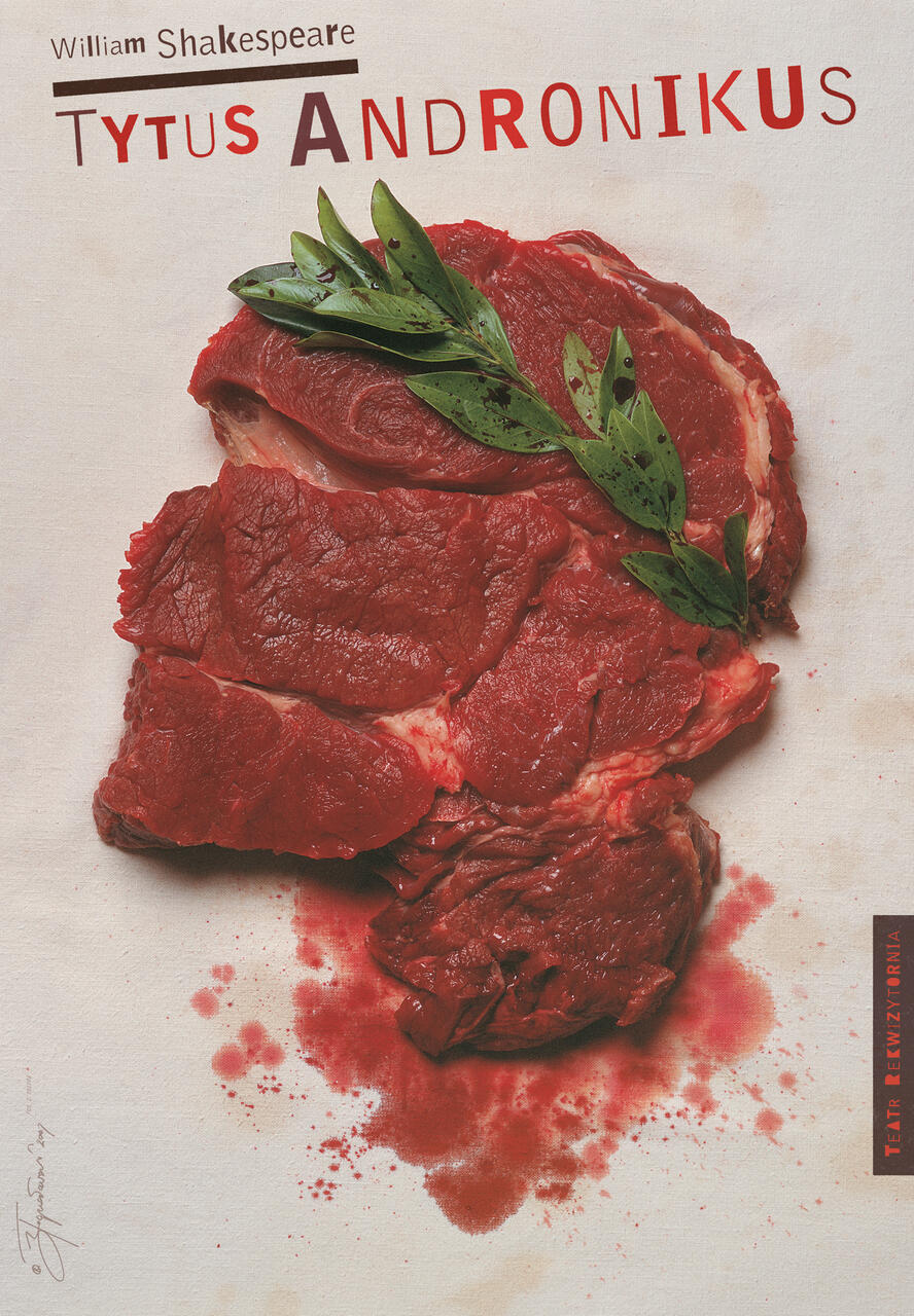 Raw beef steak with green leaves arranged on top, surrounded by red blood splatters on a white background.