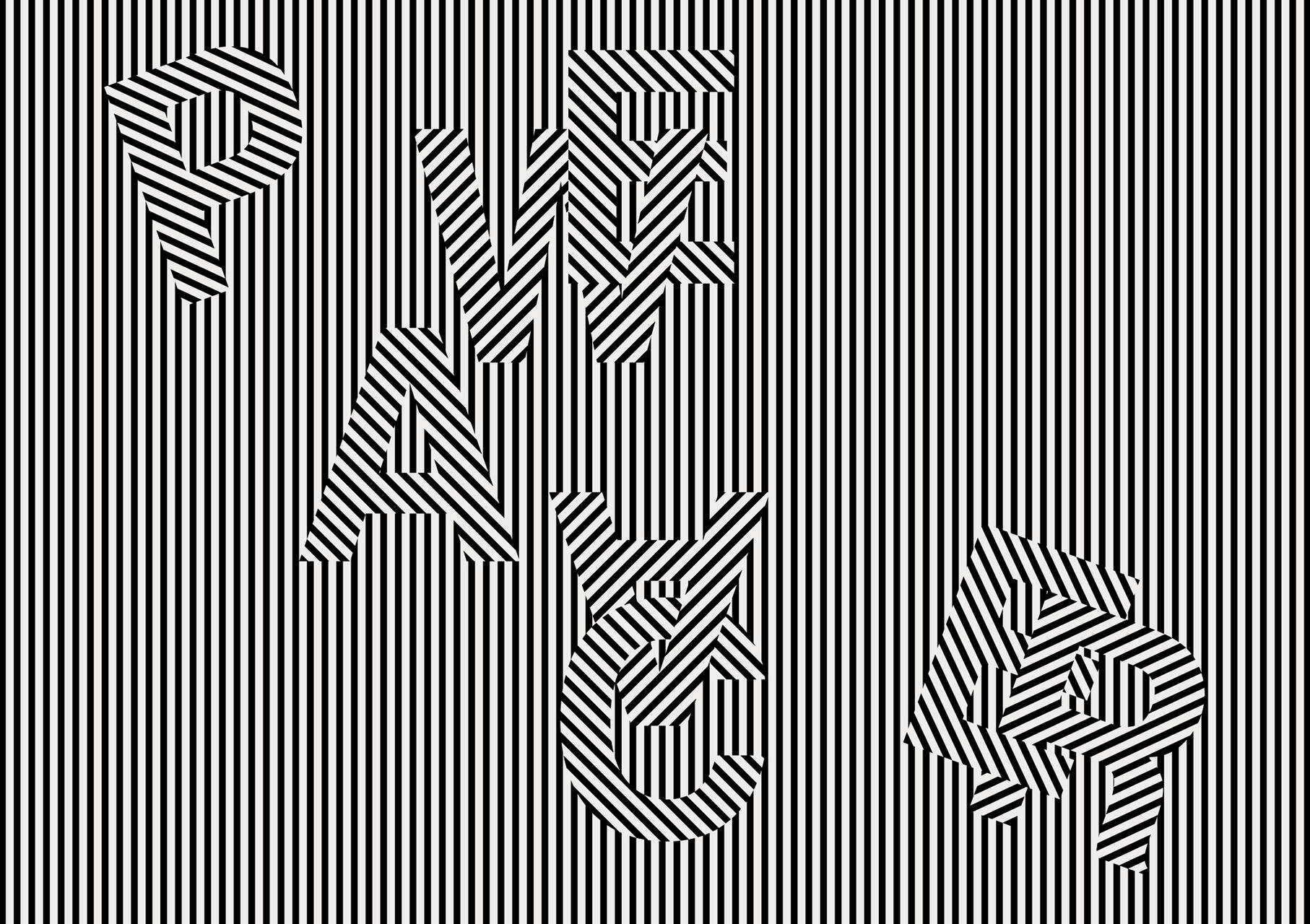 Black text saying "PLAYFAIR" is camouflaged within black and white vertical stripes, creating an optical illusion effect.