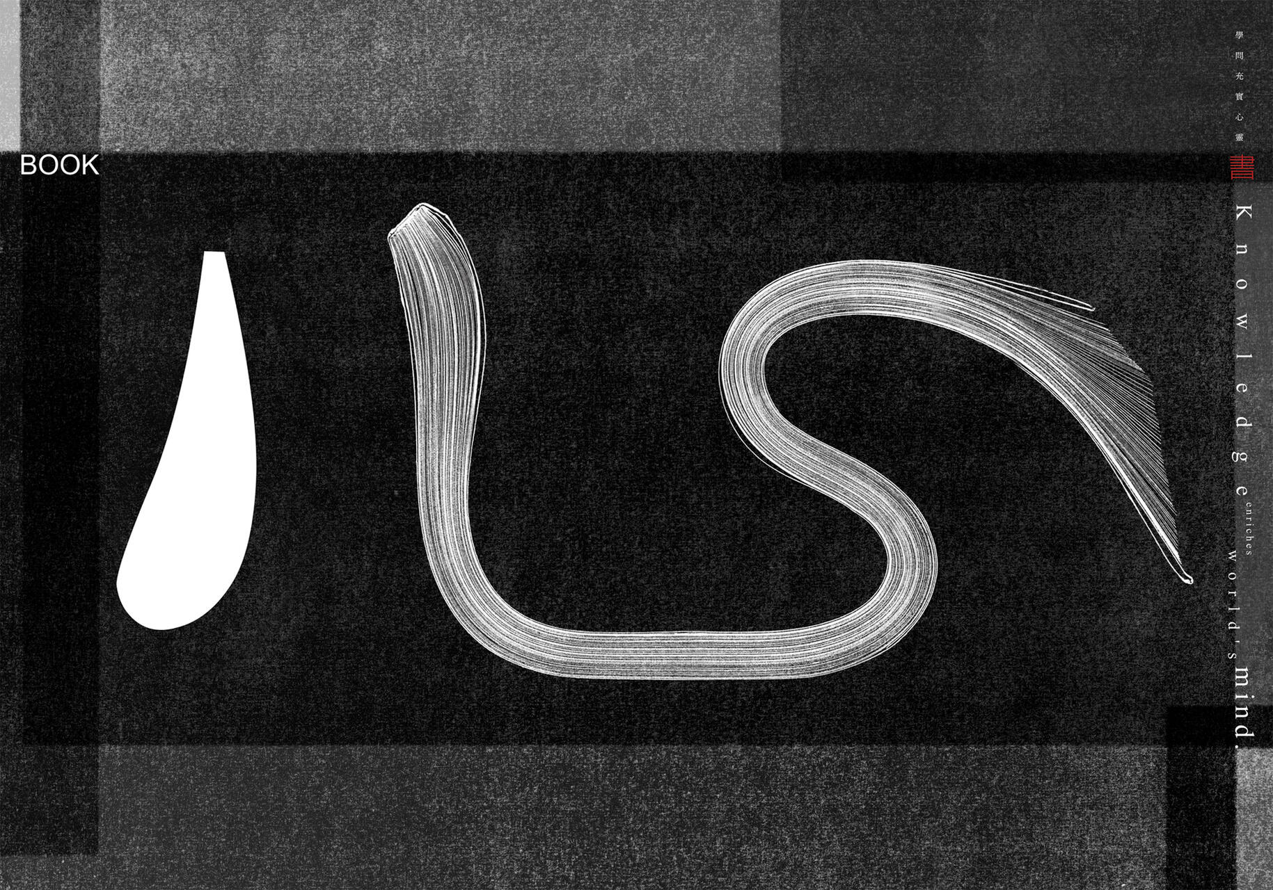 Abstract black and white artwork with bold, curved brushstrokes on a textured background. The left side features a teardrop shape, and the right side displays a flowing, ribbon-like form. Vertical and horizontal text overlaps subtly, integrated into the design.
