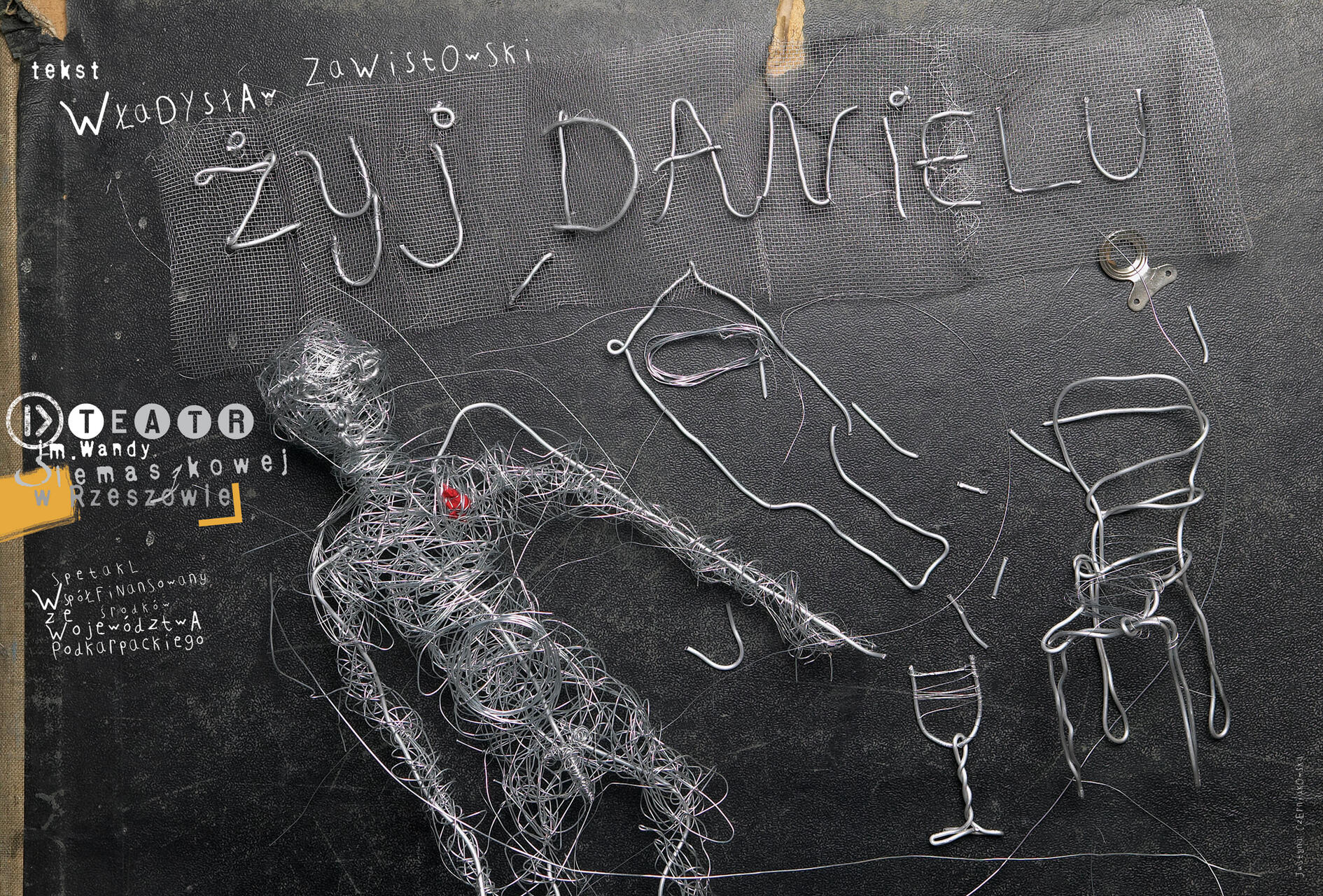 Wire sculpture of a human figure on black background, with wire forming objects like a chair and wine glass. Text made with wire mesh appears in the upper part, alongside theater logos and text.