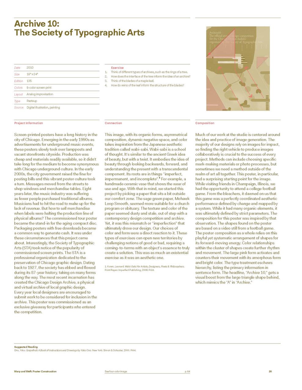 Archive 10 page titled "The Society of Typographic Arts," featuring text about screen-printed posters, design philosophy, and artistic processes. Includes project information, connections, and composition notes. Layout in columns with highlighted text sections and exercises.