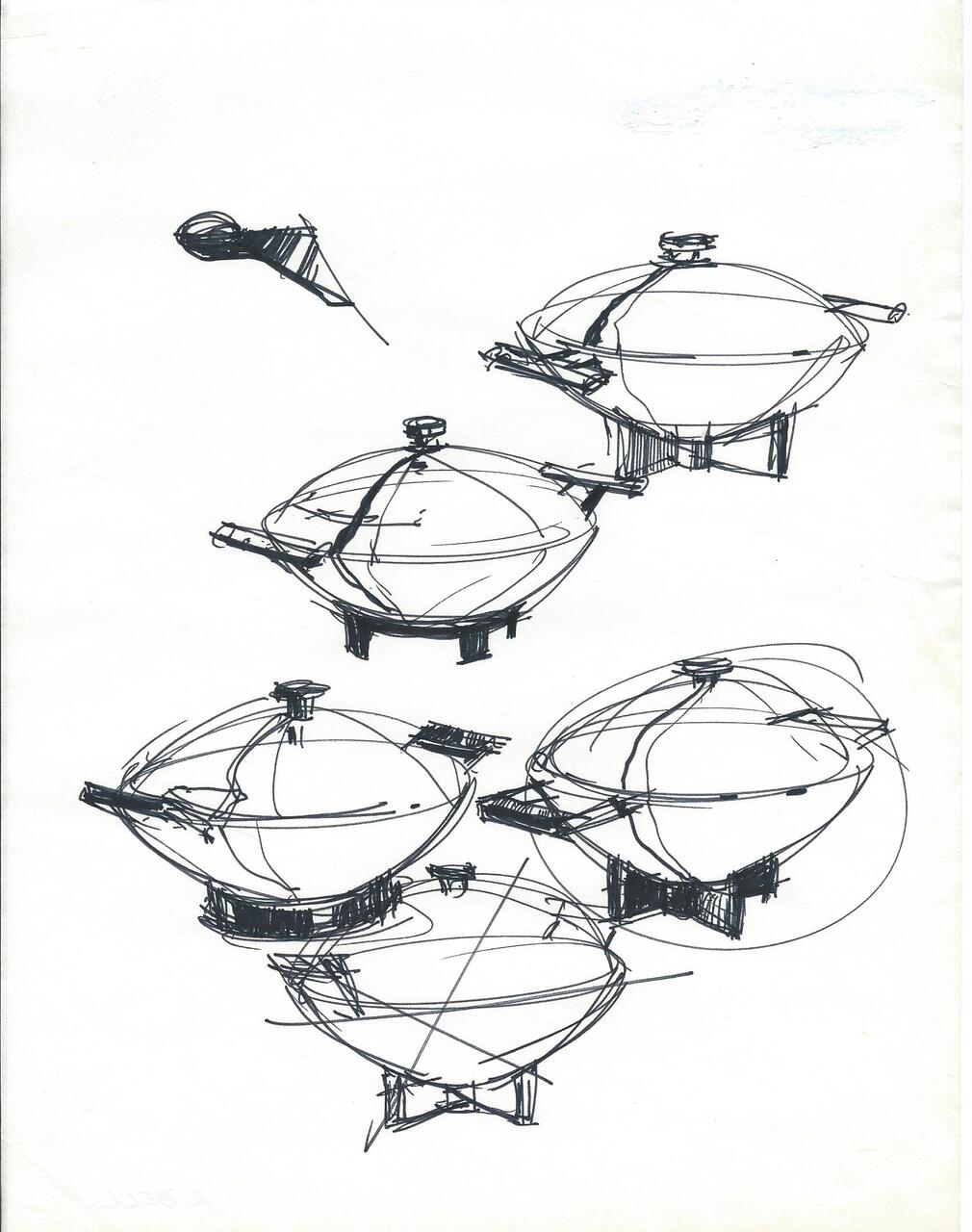 Sketch of spherical objects with lids and handles, resembling pots, on stands. Lines are bold and abstract, set against a blank background.