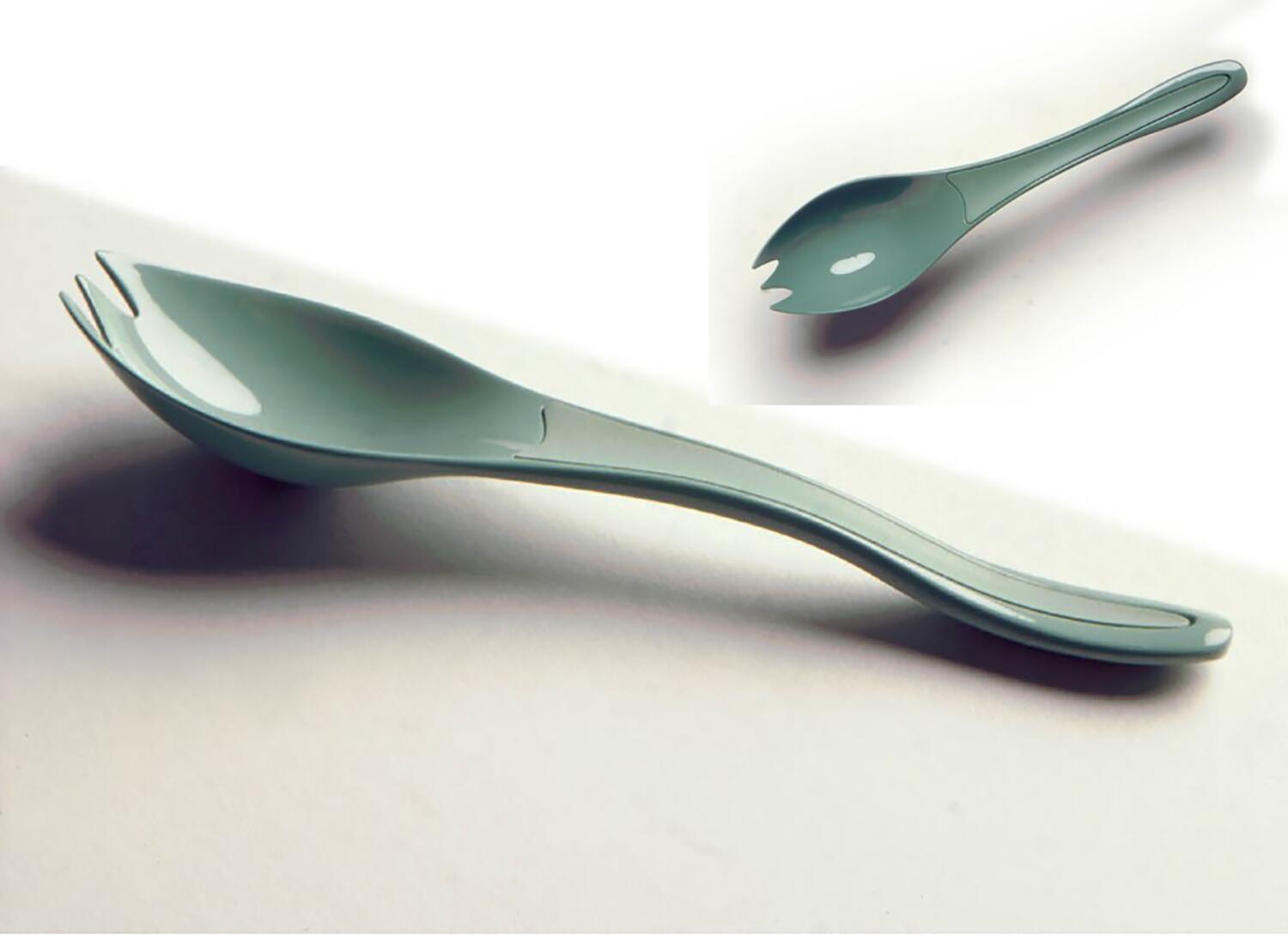 A light blue plastic spork with a shiny surface, featuring a combination of spoon and fork design, resting on a white background.