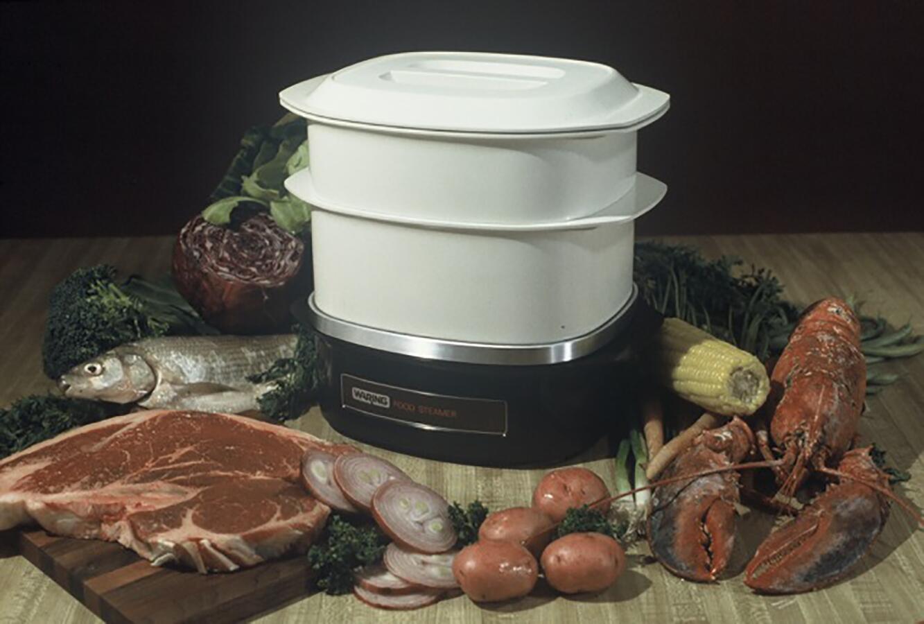 A white food steamer placed on a wooden table surrounded by assorted foods, including a steak, fish, lobster, corn, potatoes, onions, broccoli, and carrots.