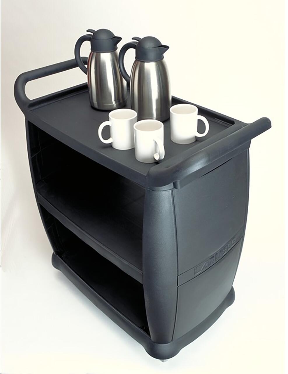 Black serving cart with two silver thermoses and three white mugs on top.