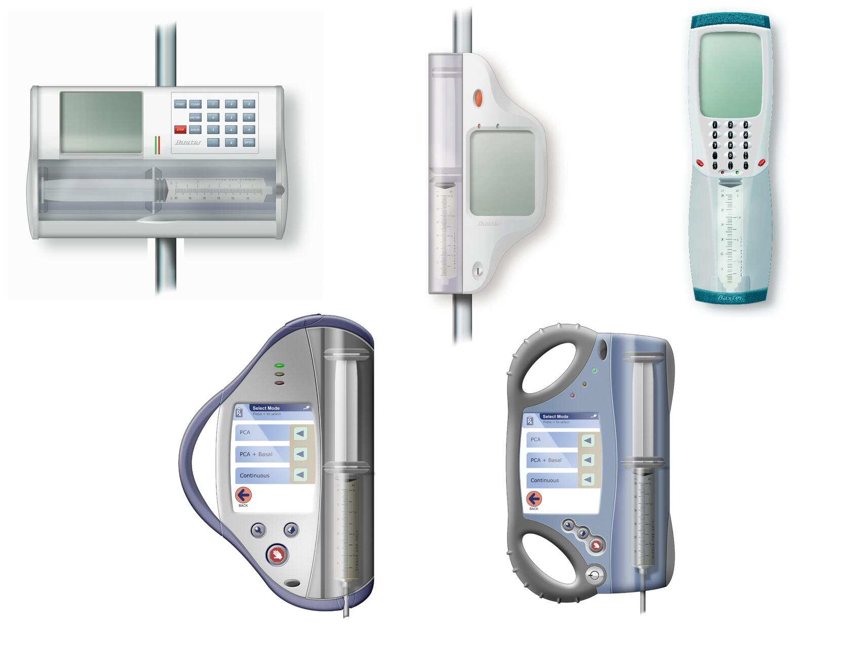 Medical infusion devices, including syringe pumps and a handheld digital controller, displayed in various designs. The devices feature clear casings, digital screens, and buttons, suggesting advanced functionality for administering medication.