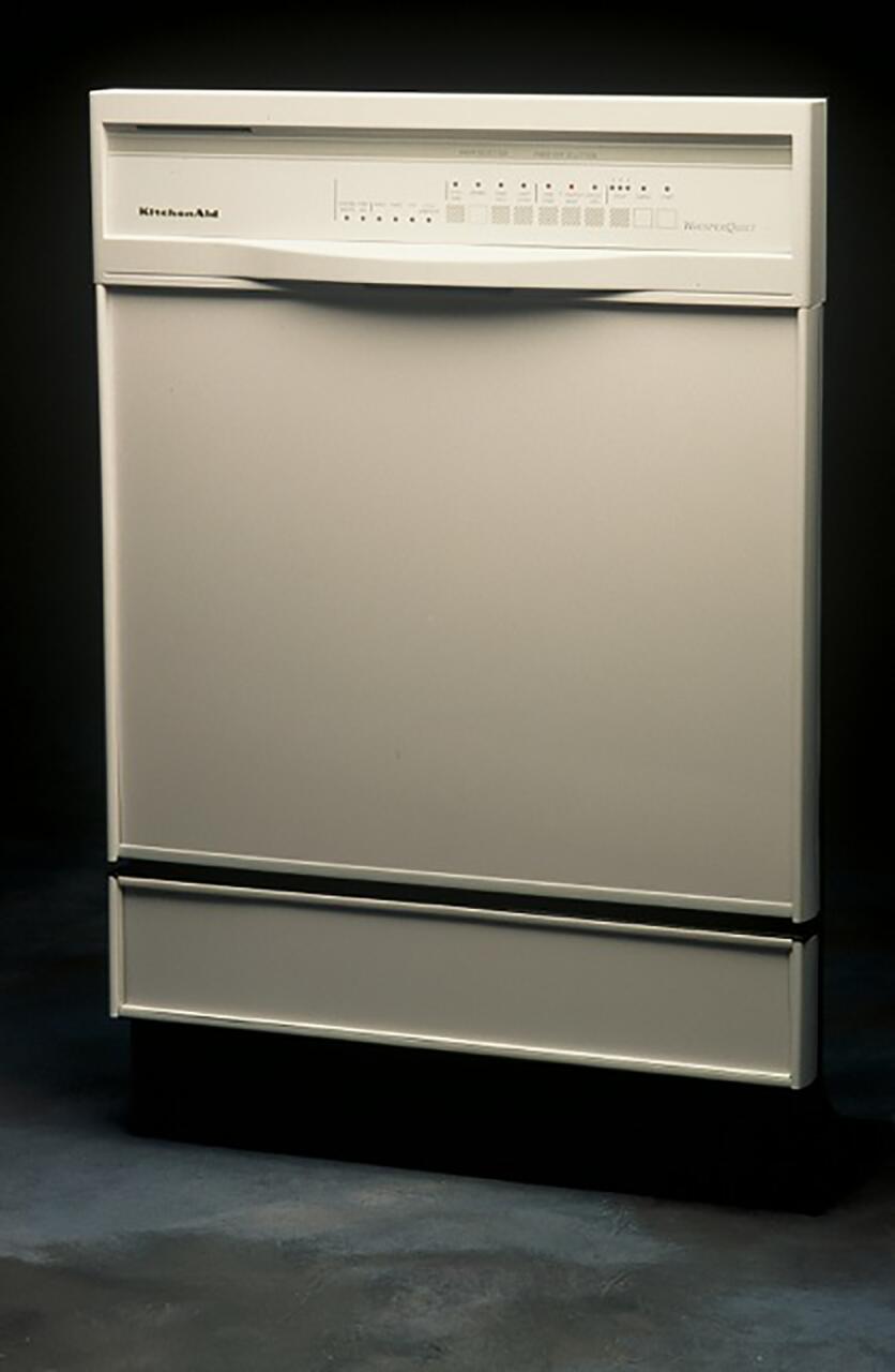 A stainless steel dishwasher with a control panel at the top. The panel features various buttons and indicators, with a sleek handle below. The appliance is against a dark background, emphasizing its modern design.