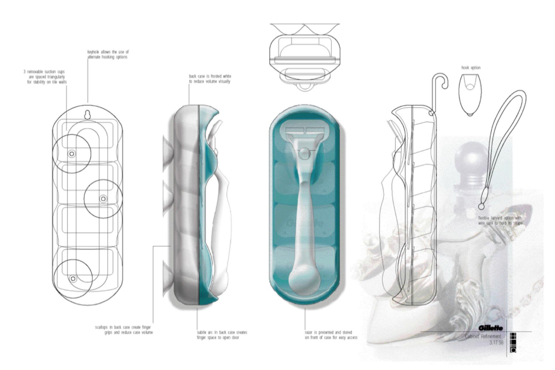 Technical drawing of a razor case design with multiple views and sections. Includes keyhole, suction cups, scalloped grips, and various hanging options. Razor positioned in front, with turquoise and white color scheme. Gillette branding at the bottom.