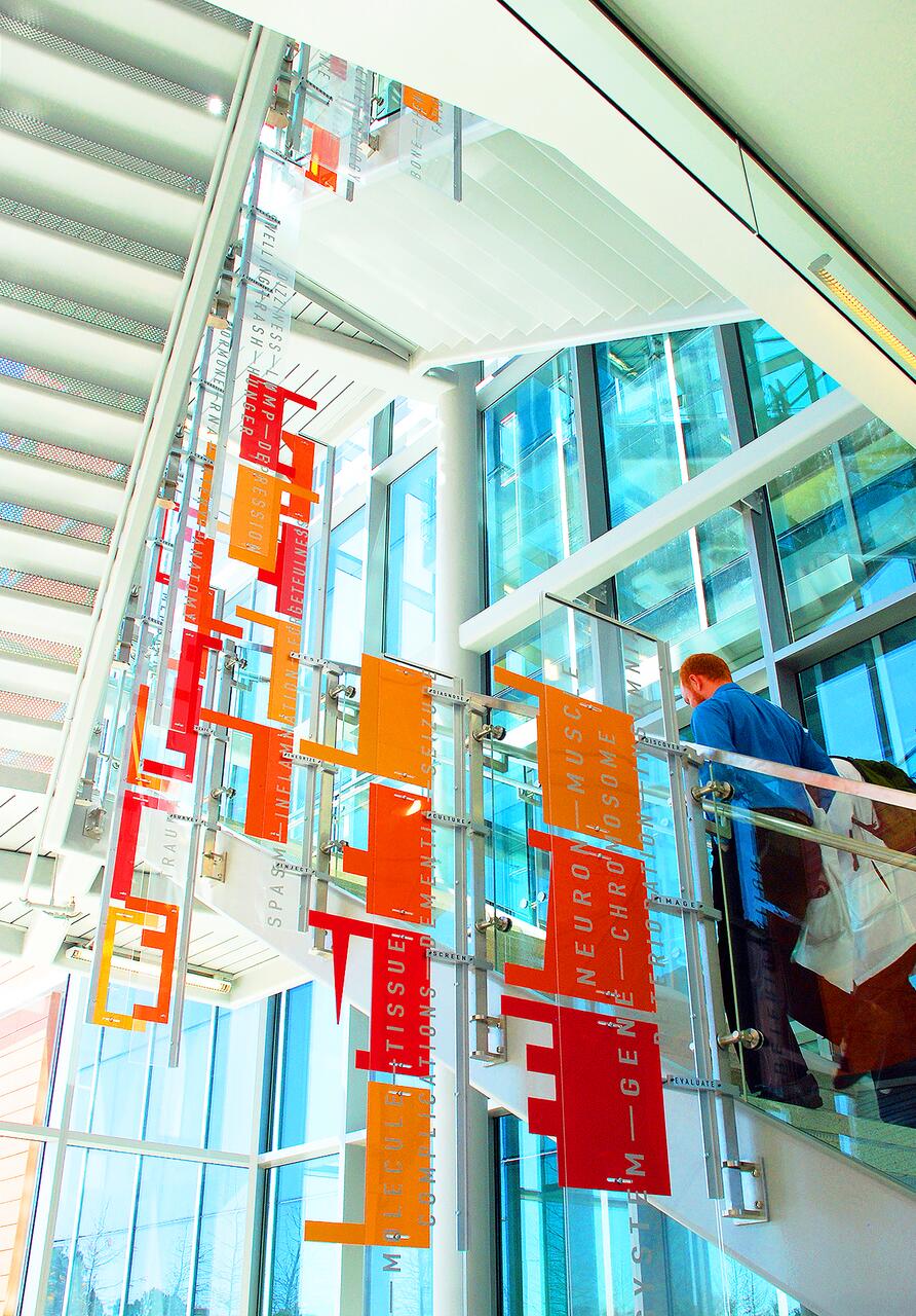 Bright, modern staircase with colorful glass panels in orange and red featuring words. A person in a blue jacket and brown bag ascends the stairs. Sunlight streams through large windows, casting reflections.